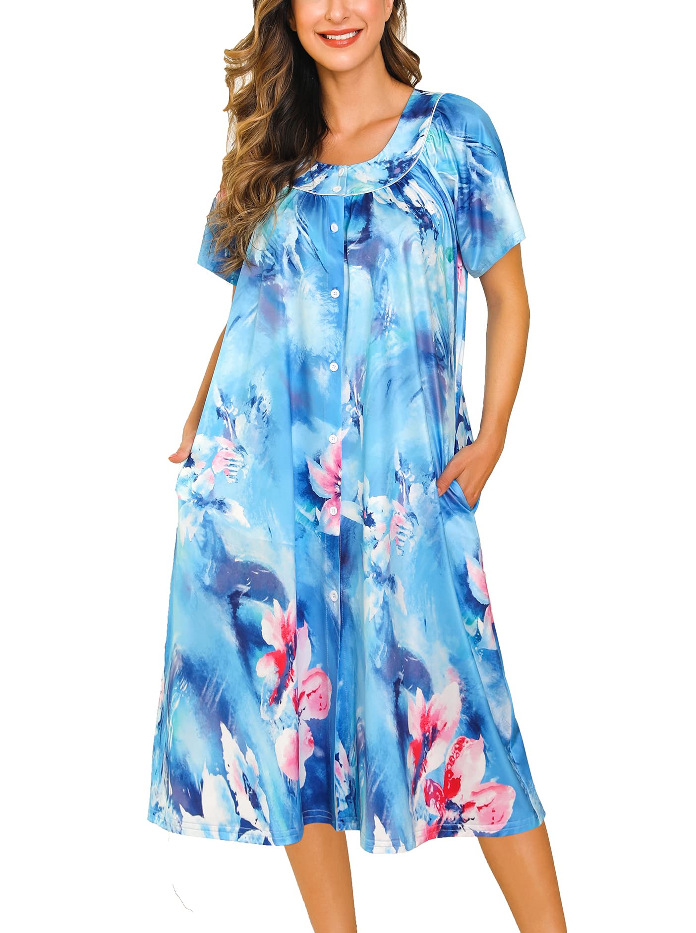 YOZLY Women's Short Sleeve House Dress - Comfortable Mumu Duster Robe with Pockets | Perfect for Lounging, Maternity Wear & Casual Home Outfits