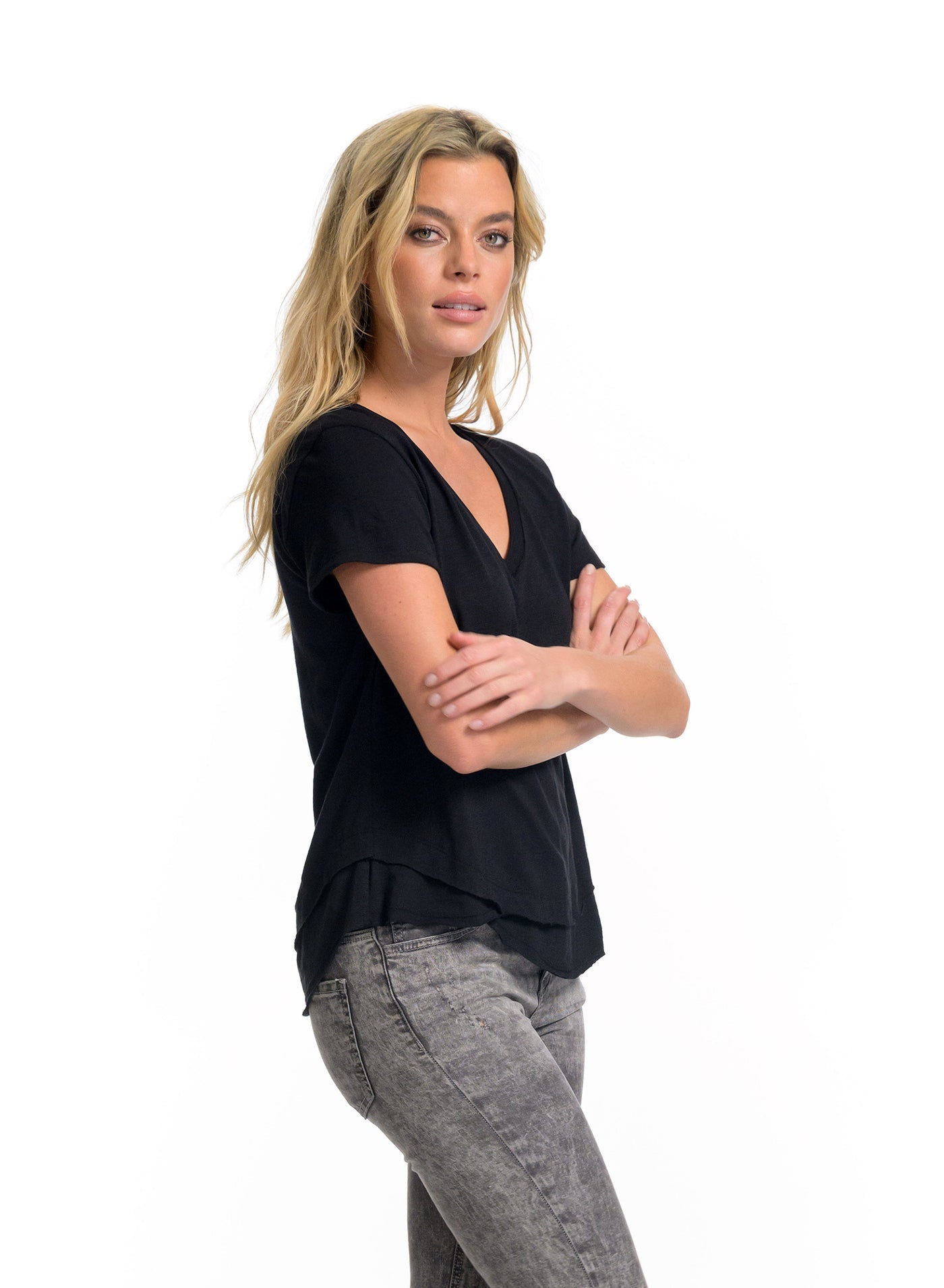 AVA Women's V-Neck Mock Layer Tee - Soft Casual T-Shirt for Everyday Wear, Layering & Outfit Styling