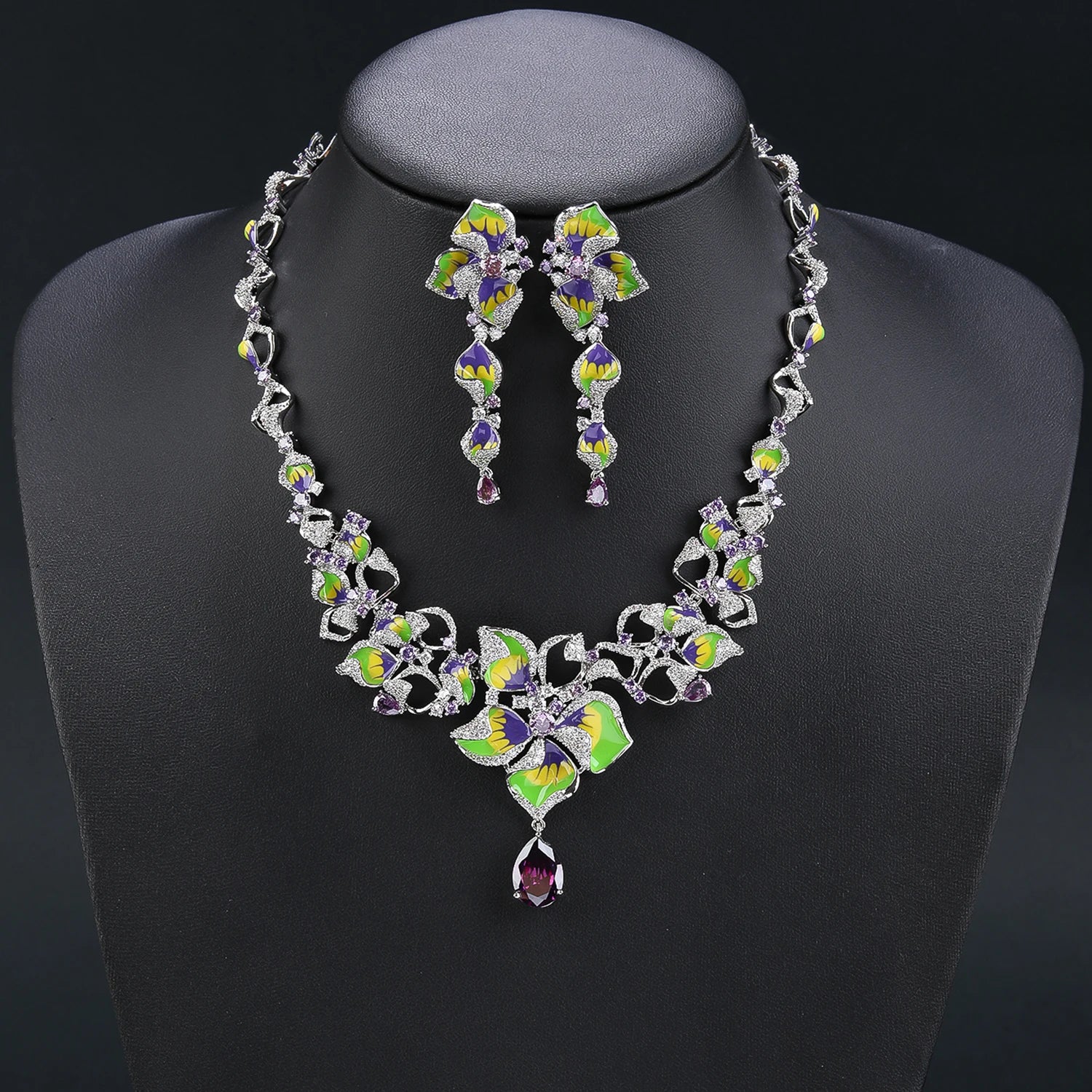 Shiny Cubic Zirconia Leaf Necklace and Earrings Set - Elegant 2 Piece Jewelry for Women, Party & Evening Wear, Gift for Her - CN11412