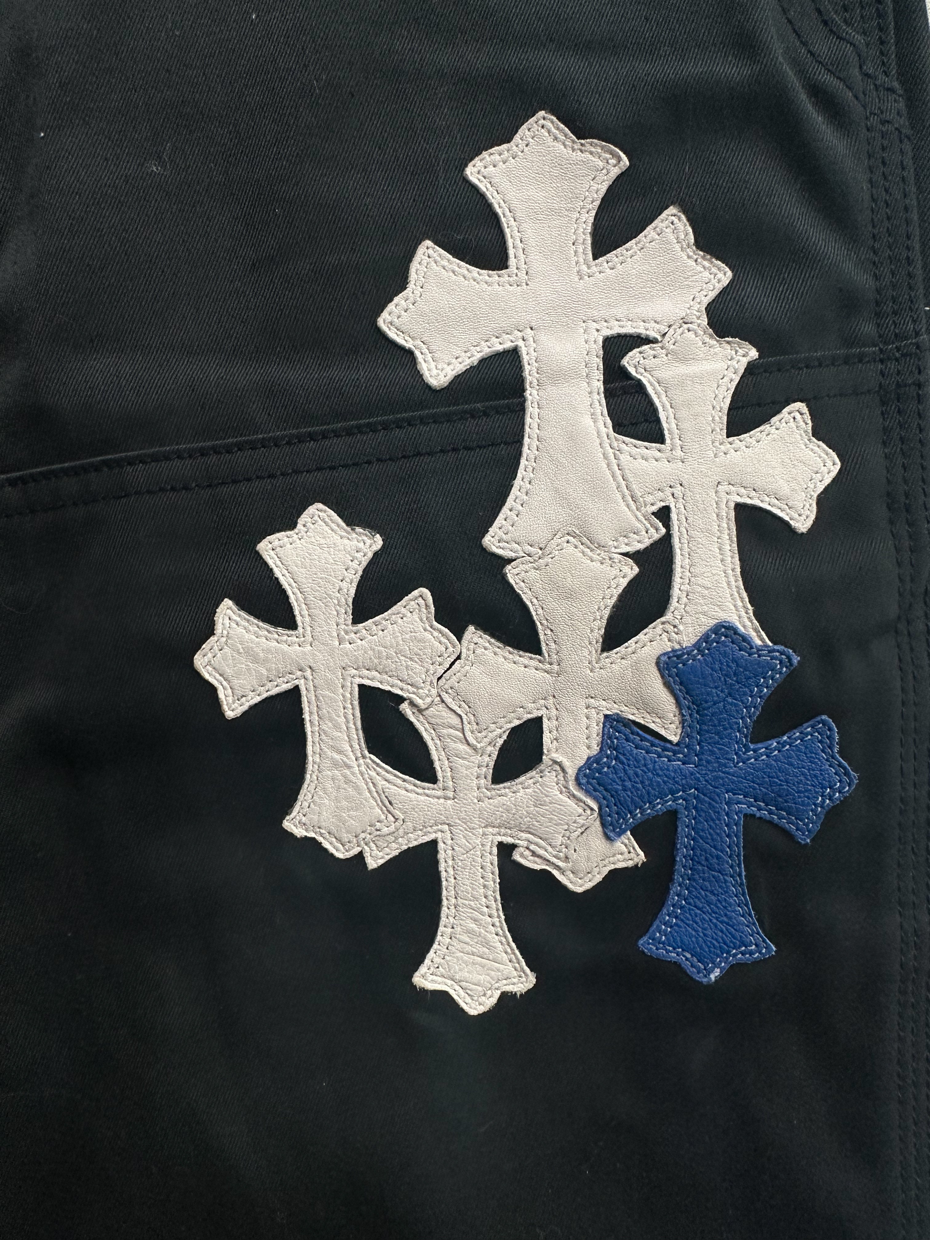 Chrome Hearts Black White & Blue Cross Patch Carpenter Pants - Stylish Distressed Denim Jeans for Men | Perfect for Streetwear & Casual Outfits