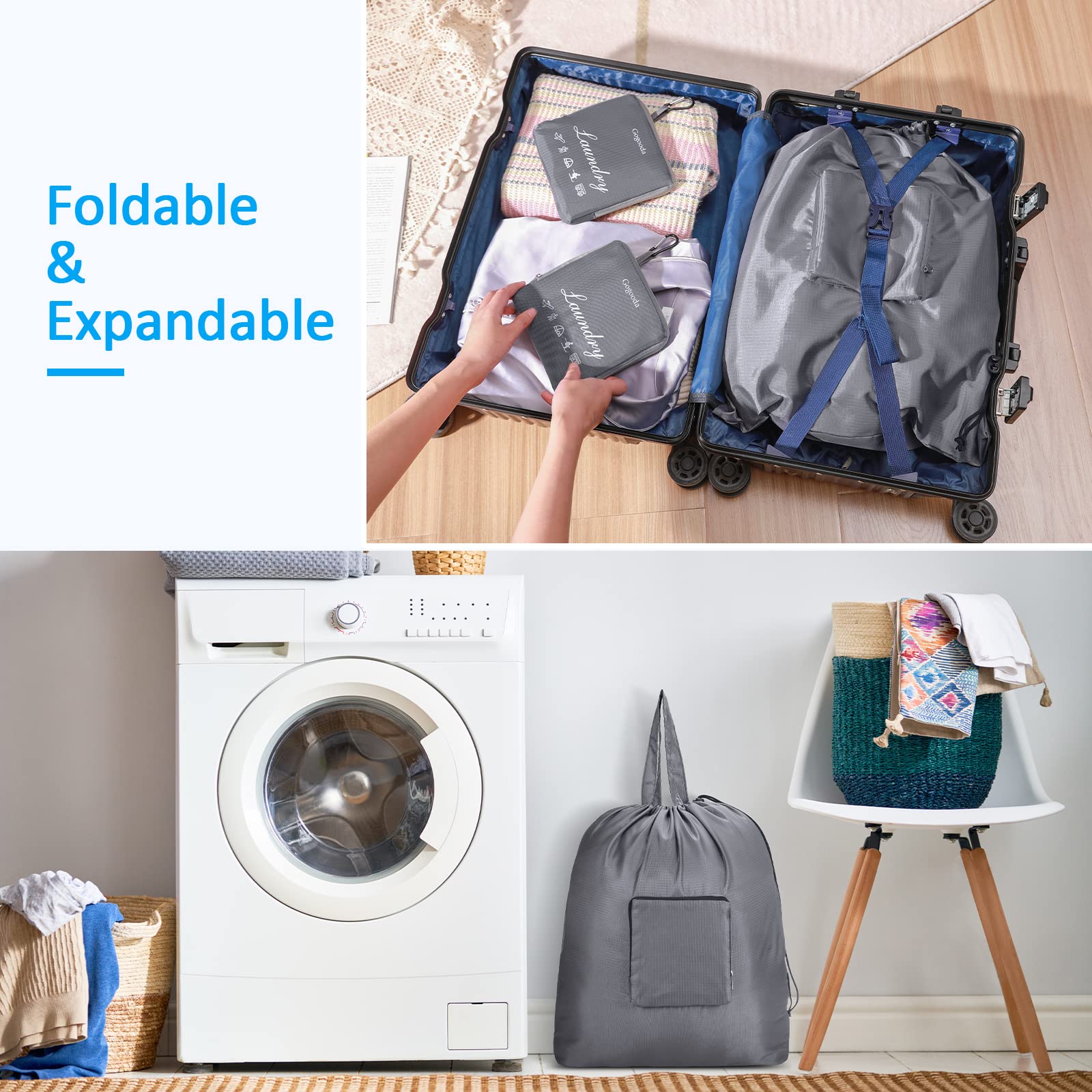 GOGOODA XL Large Travel Laundry Bags with Drawstring Closure - Foldable Dirty Clothes Storage with Handle, Heavy Duty & Washable for College Dorm, Travel, Camping - 2 Pack Beige | Perfect for Organizing Laundry on Trips, in Dorms & Outdoor Adventures