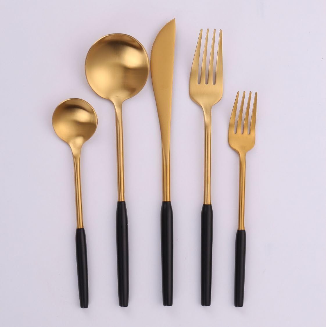 Vikko Dine Modern Silverware Set - 20-Piece Brushed Black & Gold Flatware Set - 18/10 Stainless Steel Cutlery for 4 People - Elegant Dinnerware for Upscale Dining, Wedding Gifts & Home Entertaining - Matte Finish Durable Utensils for Restaurants & Special Occasions