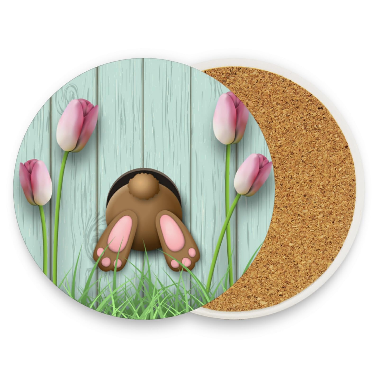 Easter Bunny Drink Coasters Set of 4 - Absorbent Round Coasters for Holiday Parties, Easter Decorations & Spring Celebrations - Perfect for Coffee Cups, Wine Glasses and Beverage Protection