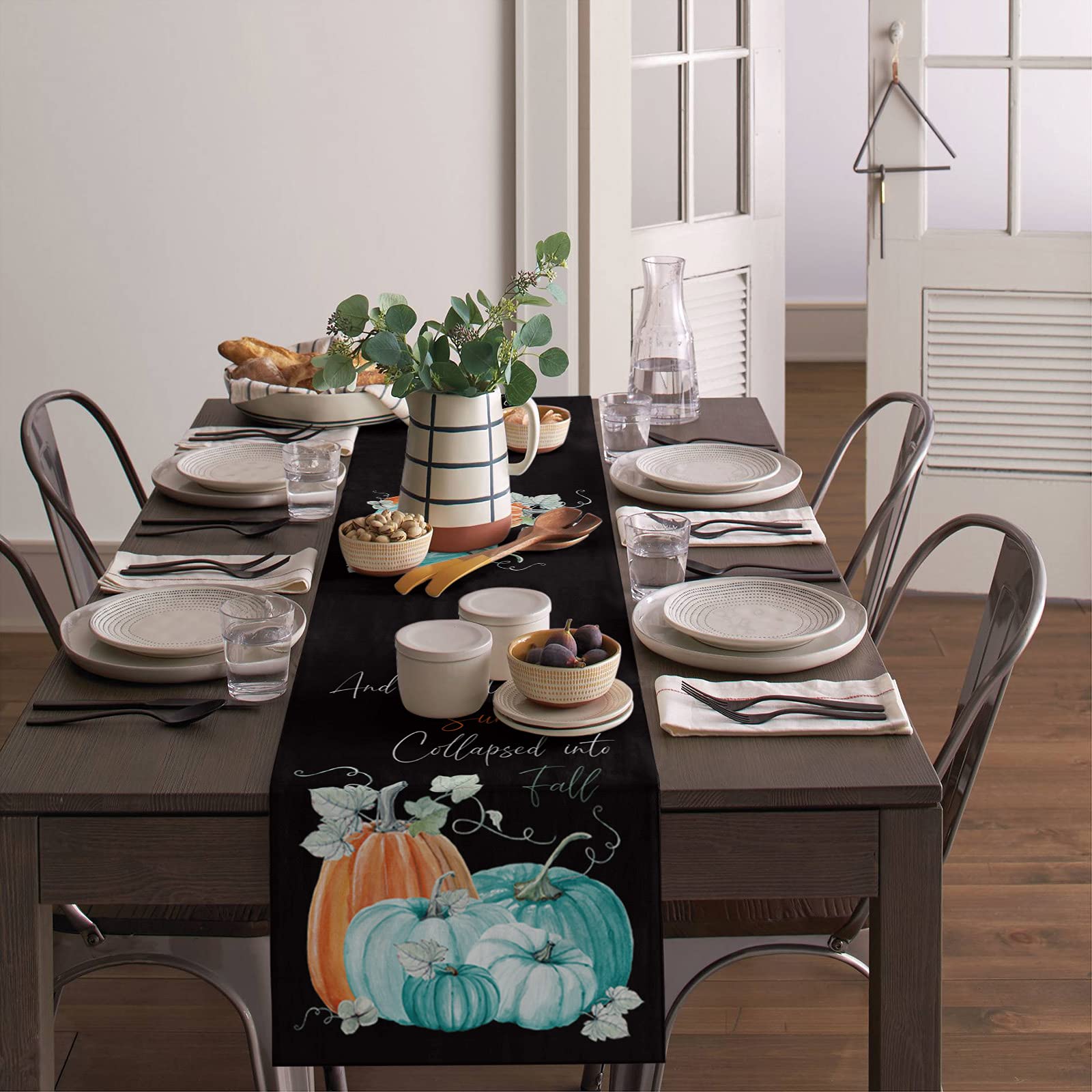 108 Inch Fall Thanksgiving Pumpkin Burlap Linen Table Runner - Farmhouse Kitchen Dining Decor for Coffee Table, Wedding, Banquet & Party | Autumn Aqua Pumpkin Black Home Decoration | Perfect for Harvest Season, Holiday Gatherings & Farmhouse Style Dining
