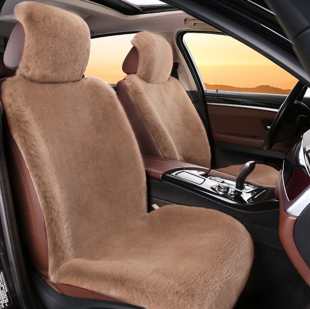 Premium Universal Faux Rabbit Fur Car Seat Covers - Warm & Soft 2-Piece Set for Hyundai, SUV, Trucks (Khaki) | Front Seat Protection & Winter Comfort for Cars
