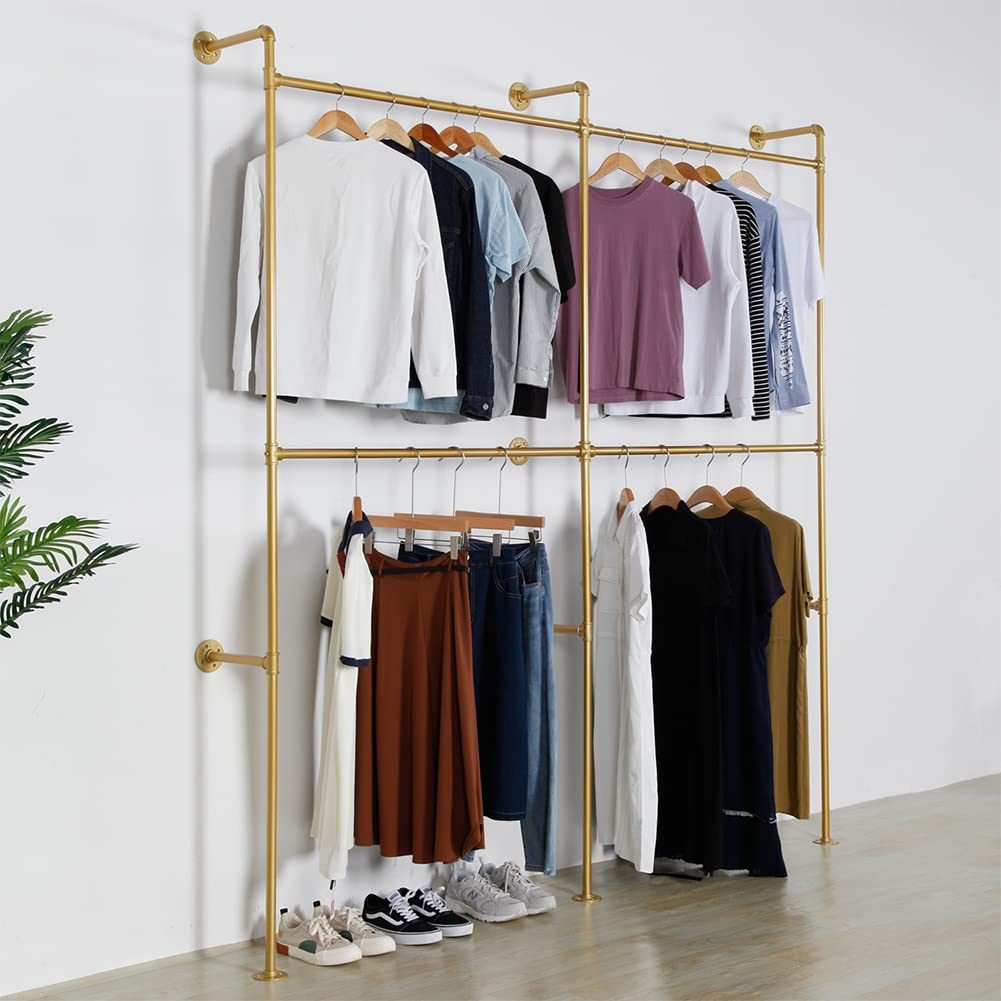 Heavy Duty Industrial Pipe Clothes Rack - 89.8 Inch Gold Metal Garment Rack for Clothing Store Display & Closet Storage - Wall Mounted Hanging Rod for Retail Shops, Boutiques, and Home Organization