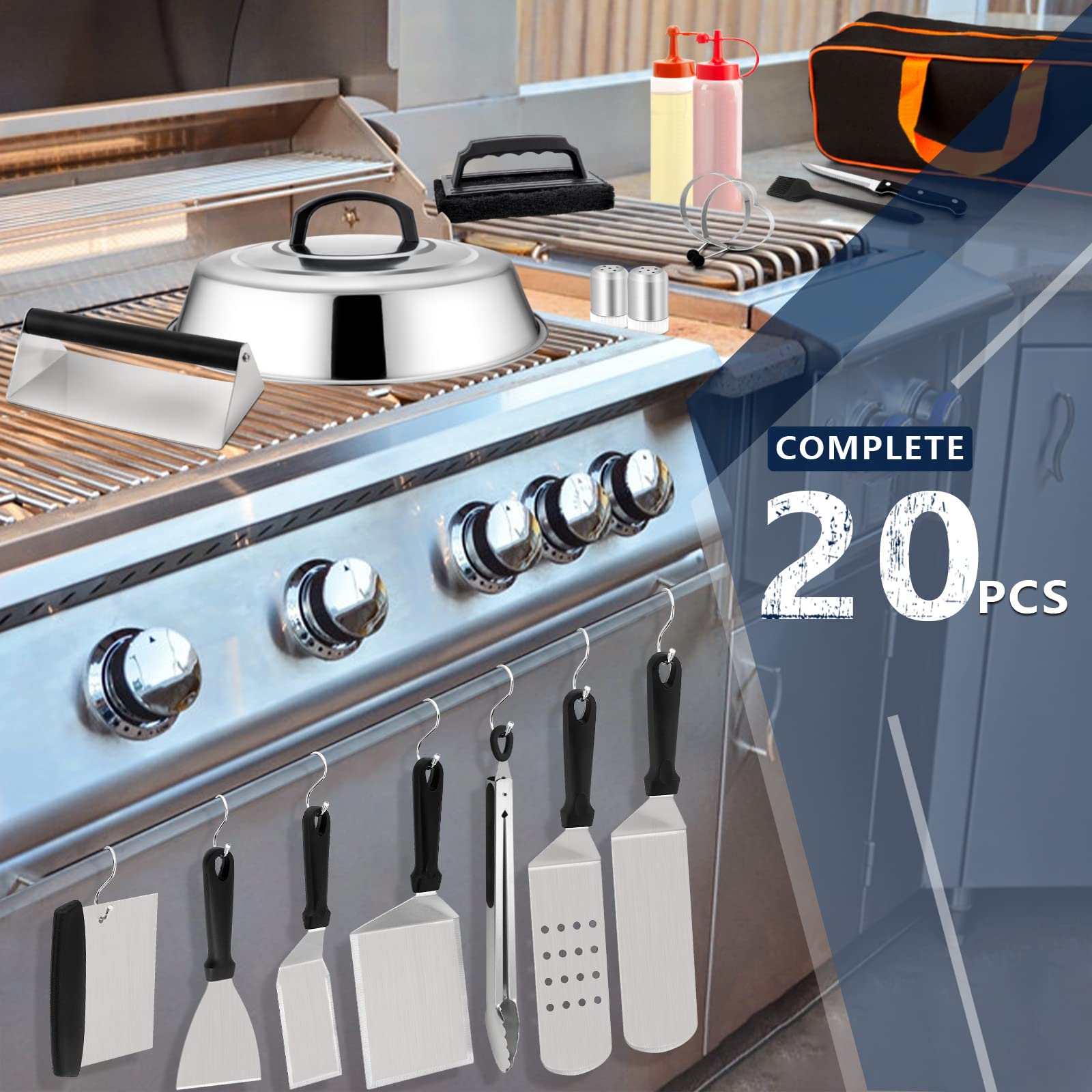 20Pcs Stainless Steel Griddle Accessories Kit - HaSteeL Teppanyaki BBQ Tools Set with Melting Dome, Bacon Press, Spatulas & Scrapers for Indoor/Outdoor Cooking, Camping & Grilling | Durable & Easy to Clean for Backyard Parties, Tailgating & Japanese Hibachi Style Cooking