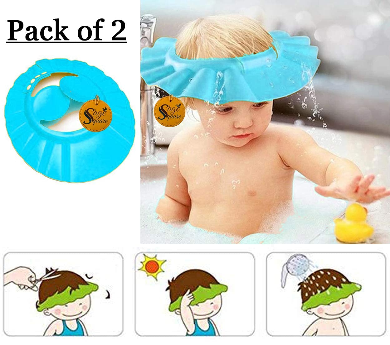 Sage Square Adjustable Baby Shower Cap with Soft Ear Protection - Waterproof Bathing Hat for Infants & Toddlers (Blue, 2-Pack) - Gentle Hair Wash Solution for Sensitive Skin & Fearful Babies