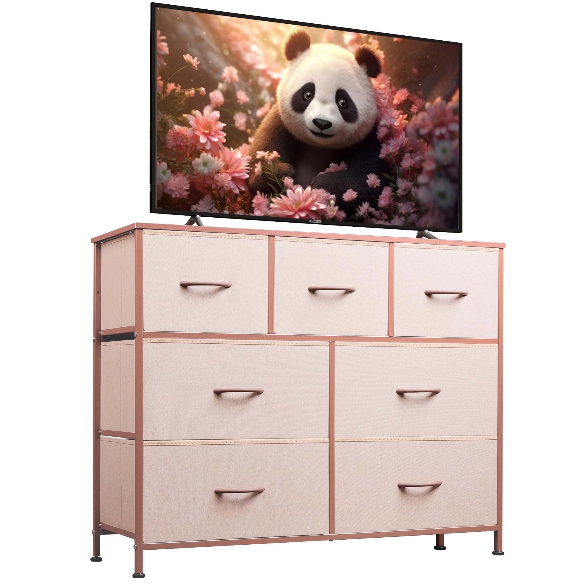 WLIVE 7-Drawer Dresser TV Stand with Metal Frame & Wood Top - Entertainment Center & Media Console for TVs up to 45 Inches - Chest of Drawers for Bedroom & Living Room (Pink) - Perfect for Small Spaces, Apartment Living & Home Organization