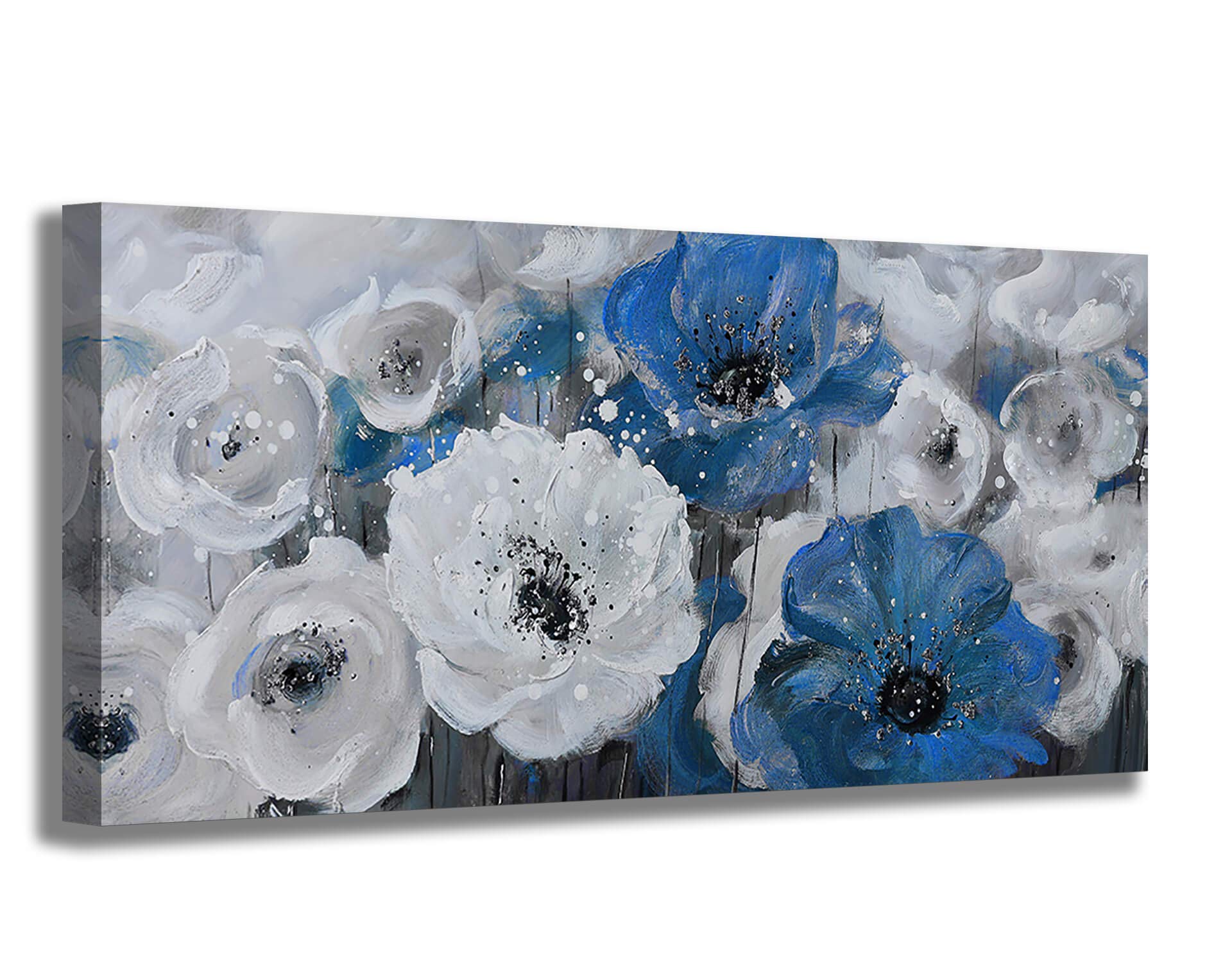 Large Abstract White Blue Flower Canvas Wall Art - Modern Framed Floral Print for Living Room & Bedroom Decor (24x48) | Perfect for Home, Office & Gift Giving