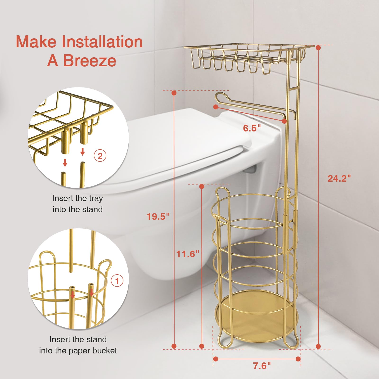 Gold Freestanding Toilet Paper Holder Stand with Phone Shelf & Wipes Tray - Heavy Duty Metal Floor Bathroom Tissue Organizer for Large Mega Rolls - Perfect for Home, Office & Guest Bathrooms