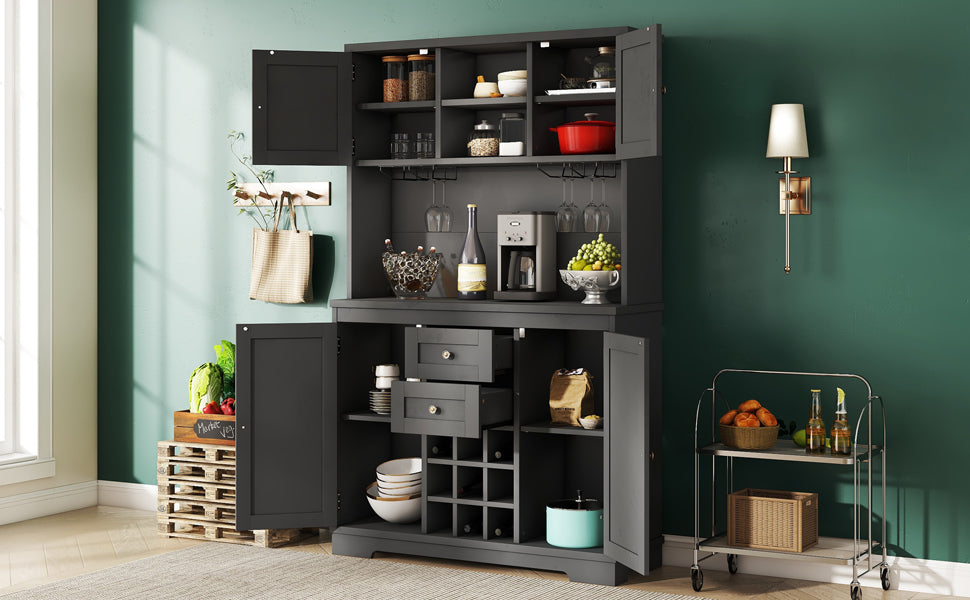 Farmhouse Coffee Bar Cabinet with Storage - Kitchen Buffet Cabinet with Drawers, Shelves & Wine Glass Racks - Rustic Dining Room Furniture for Kitchen, Bar & Entertaining - Black