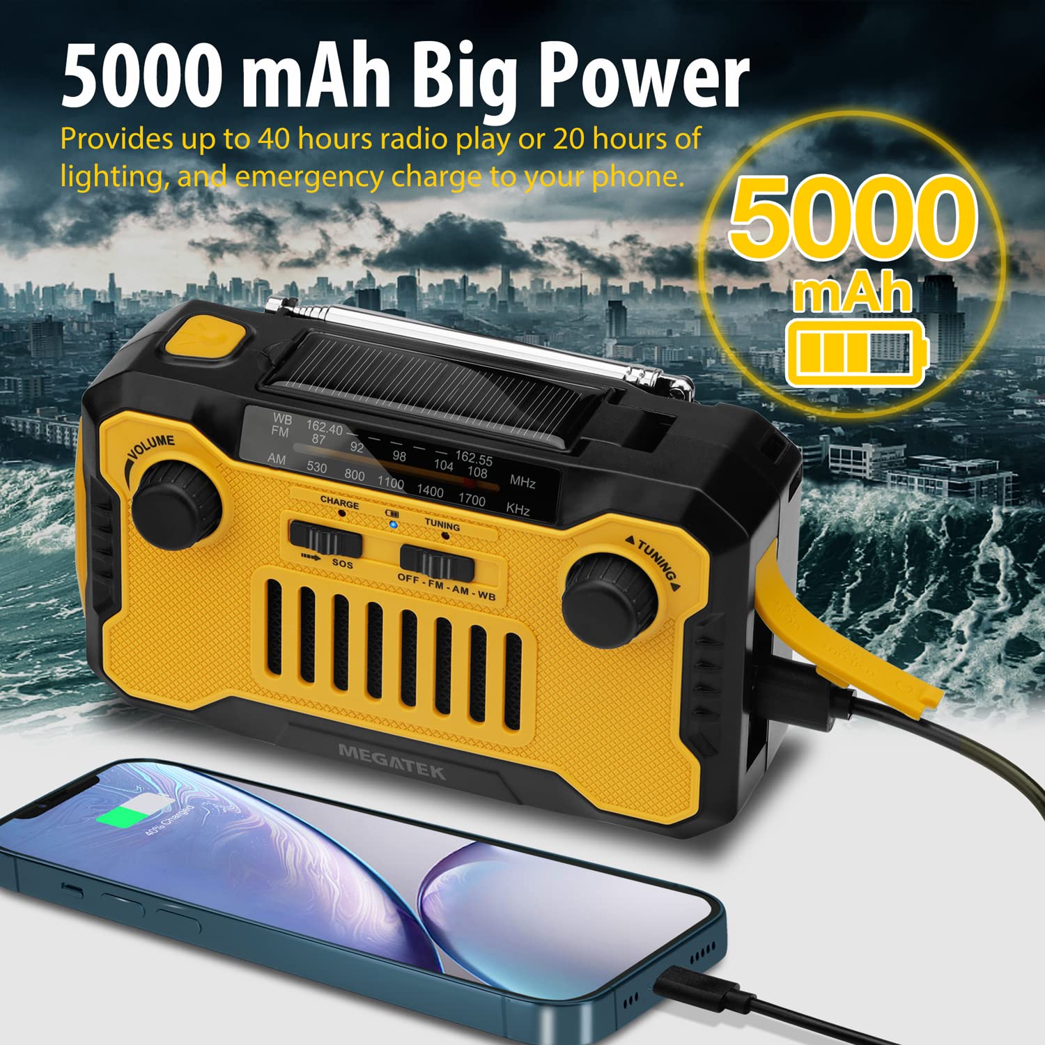 Megatek Emergency NOAA Weather AM/FM Radio - 5000mAh Solar & Hand Crank Power Bank with USB-C Phone Charger, Flashlight & Reading Light - Perfect for Camping, Hiking & Emergency Preparedness