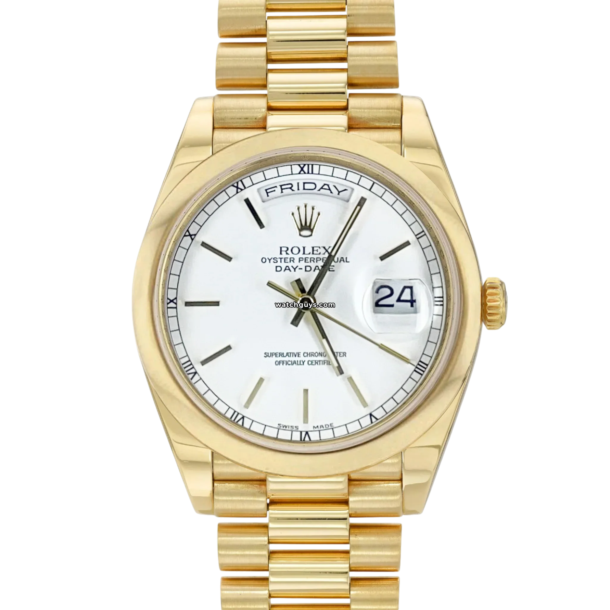 Rolex Day-Date 118208 18K Yellow Gold Men's Watch with White Index Dial - Luxury Dress Watch for Business & Formal Occasions