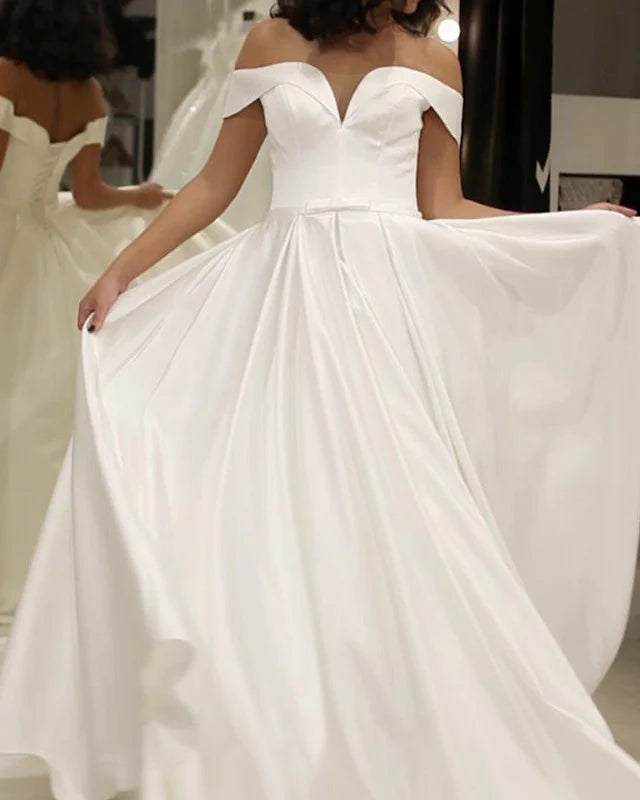 Elegant Off-the-Shoulder Satin Wedding Dress with Train - Minimalist A-Line Bridal Gown for Beach, Church & Formal Weddings