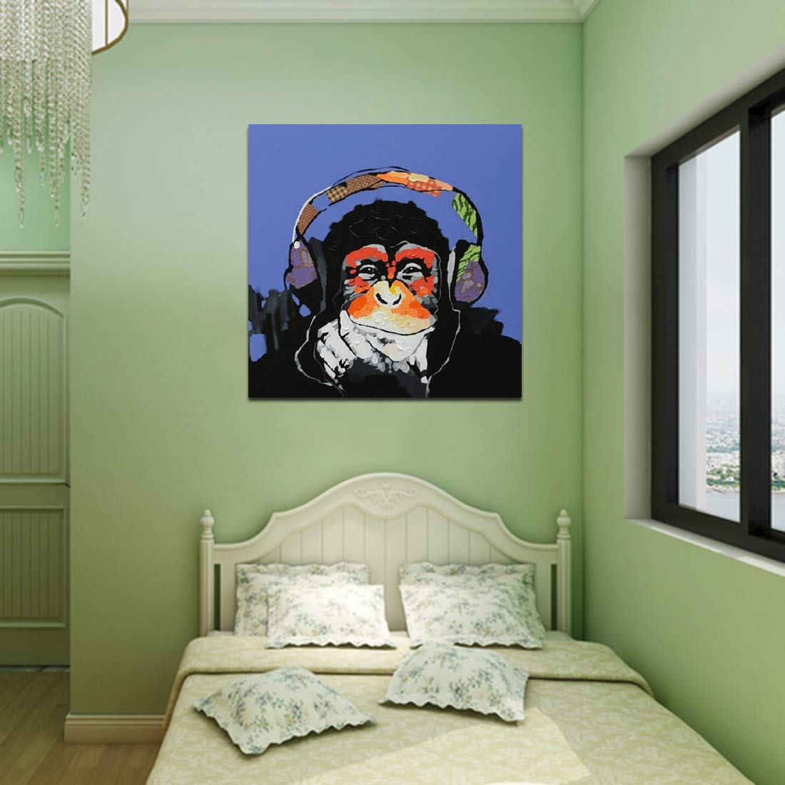 Hand-Painted Gorilla with Headphone Oil Painting Canvas Wall Art - Large 32x32 Inch Stretched Ready to Hang - Perfect for Living Room, Game Room & Office Decor - Unique Blue Animal Artwork for Music Lovers