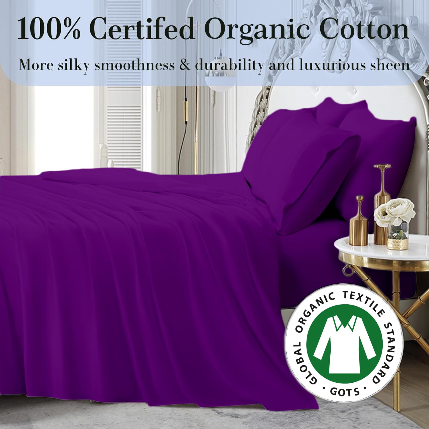 4-Piece California King Organic Cotton Sheet Set - 800 Thread Count, Soft & Breathable, Deep Pocket (8-12