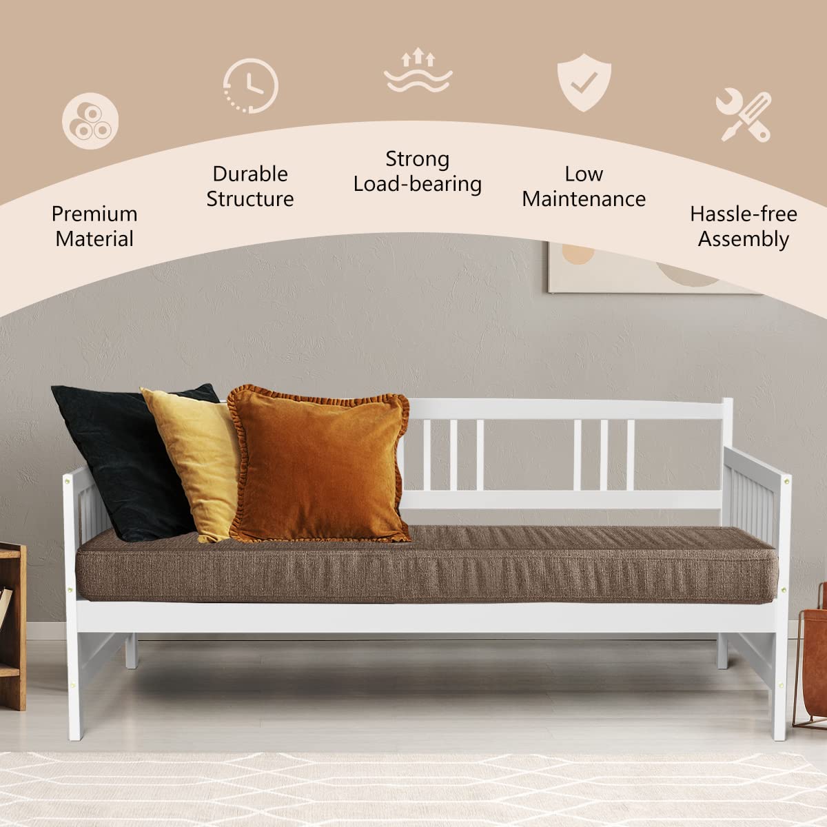 KOTEK Twin Size Wooden Daybed Frame with Rails - Convertible Sofa Bed for Guest Room, Living Room & Bedroom - Sturdy Platform Bed Frame (White) | Perfect for Small Spaces, Sleepovers & Multi-Functional Furniture Needs