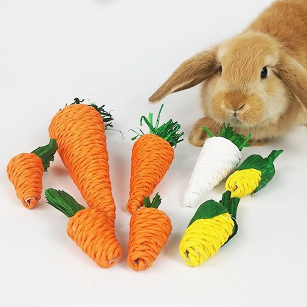 Didiseaon 6pcs Bunny Teething Toys - Carrot Rabbit Chew Toys for Small Animals, Guinea Pig, Hamster, Rat, Gerbils & Chinchilla - Safe Molar Gnawing Treats with Straw Grass for Dental Health and Stress Relief