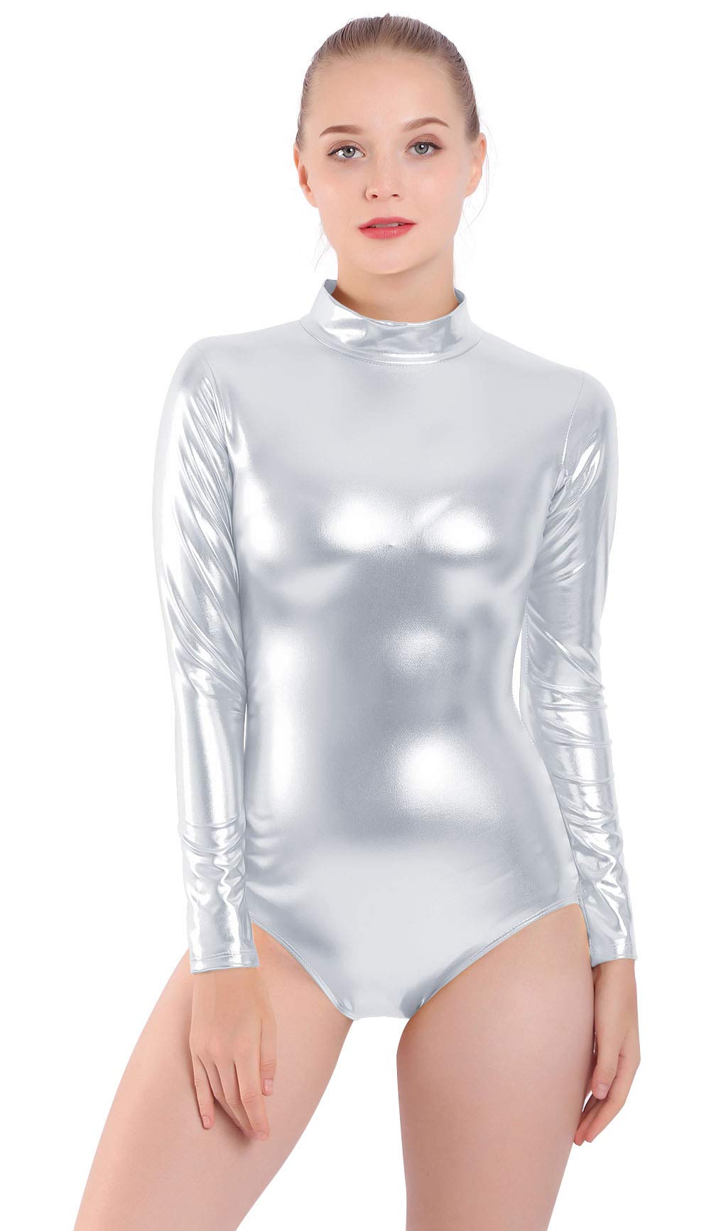 Shiny Metallic Long Sleeve Bodysuit for Women - Turtleneck Dance Leotard & Latex Catsuit - Perfect for Dance Performances, Costume Parties & Nightclub Outfits