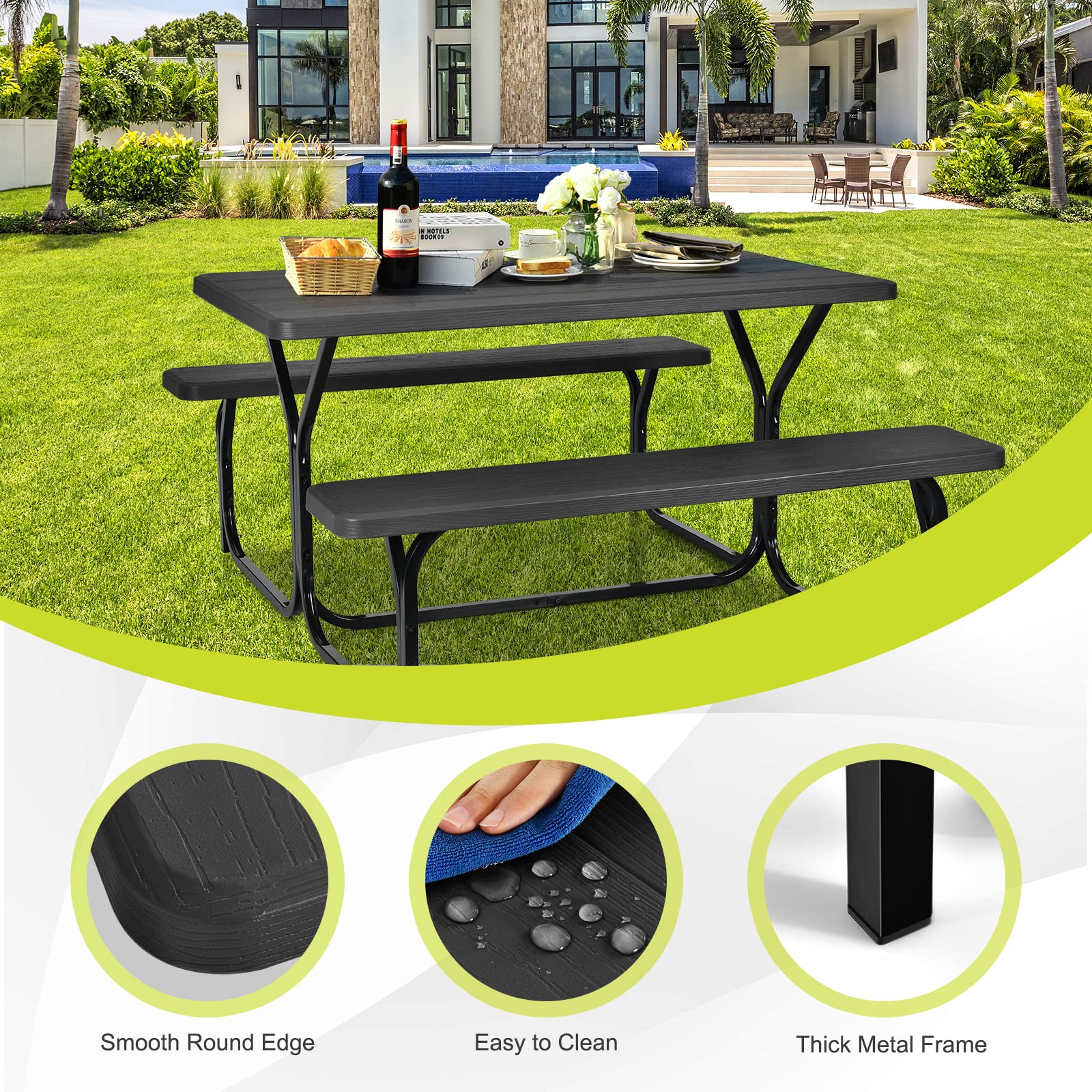 HappyGrill Outdoor Picnic Table Set with Steel Frame & Durable Plastic Table Top - Perfect for Garden, Backyard, Patio, and Camping Use