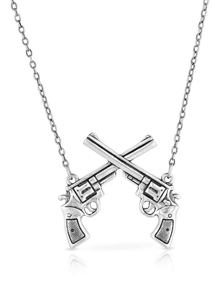 Montana Silversmiths NC5879 Women's Crossed Pistols Pendant Necklace in Sterling Silver - Perfect for Western Fashion, Cowgirl Style & Everyday Wear