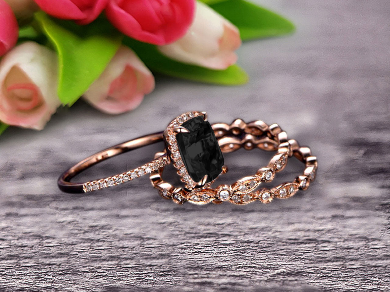 3Pcs Black Diamond Moissanite 2 Carat Trio Ring Set - 10k Rose Gold Engagement Ring, Eternity Band & Promise Ring - Art Deco Milgrain Wedding Jewelry Set for Bridal, Anniversary & Special Occasions