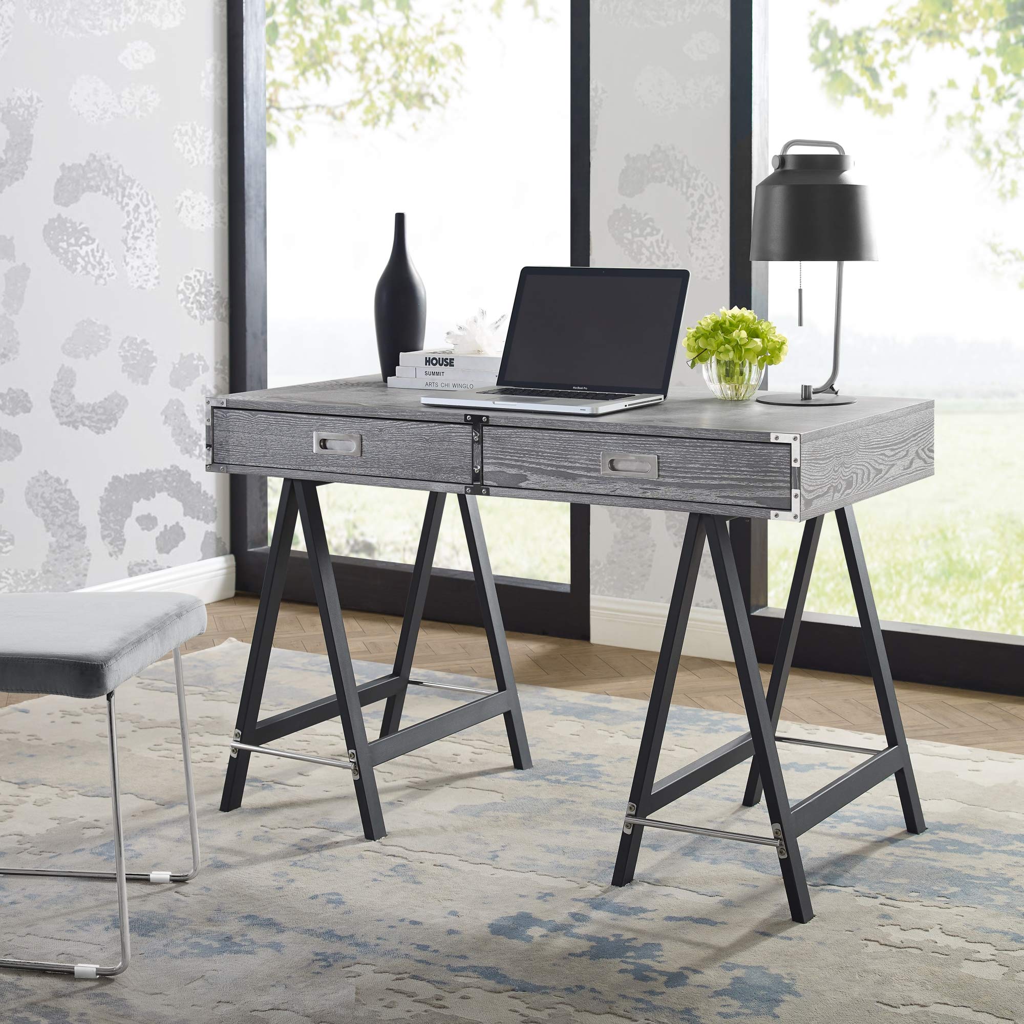 Modern Grey Home Office Desk with 2 Drawers - Asha Design Wood Veneer Finish for Small Spaces & Remote Work