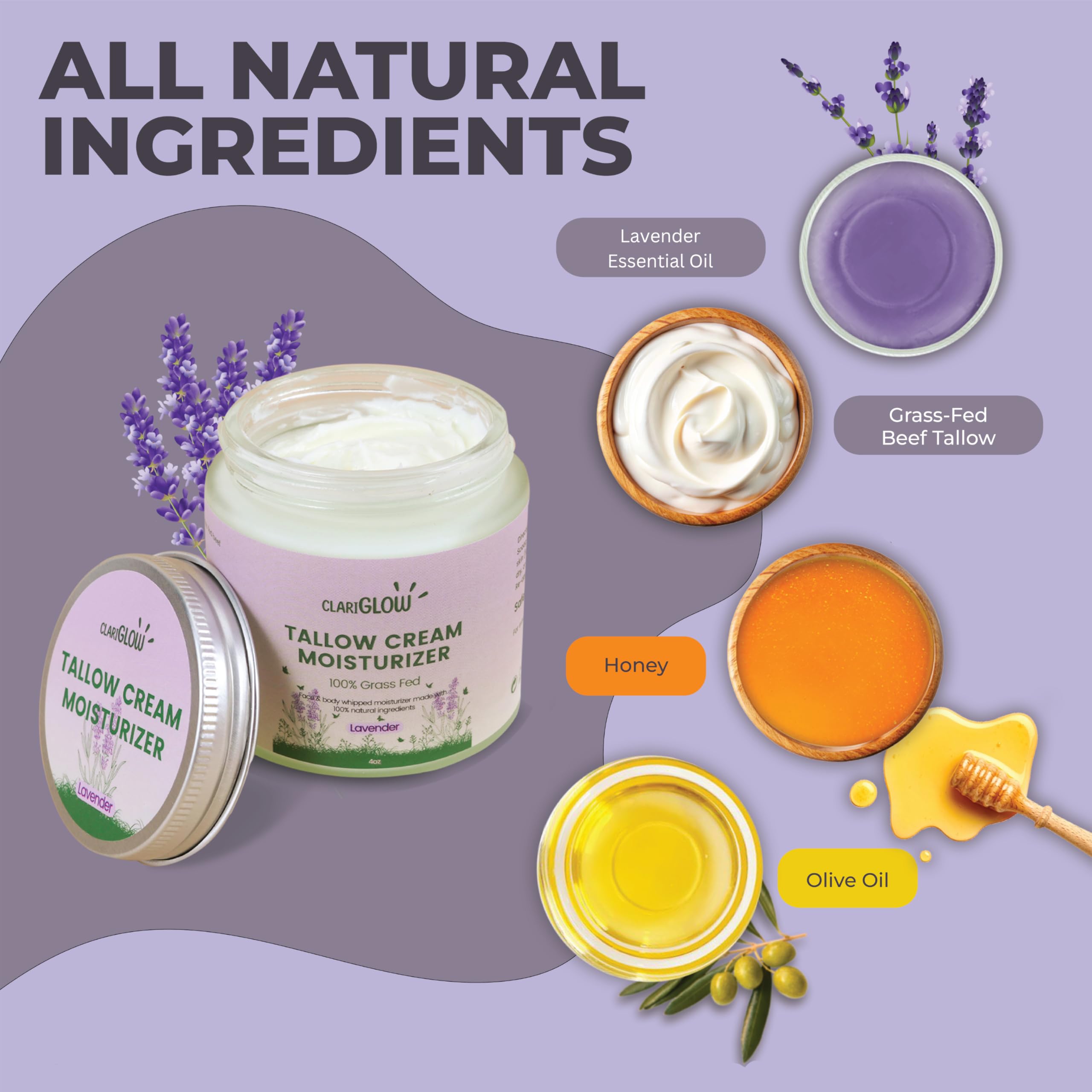 100% Grass-Fed Beef Tallow Face Moisturizer & Body Balm with Honey & Lavender - 4oz Natural Skin Care Cream for Dry Skin, Eczema & Anti-Aging | Perfect for Night Routine, Sensitive Skin & Organic Beauty Lovers
