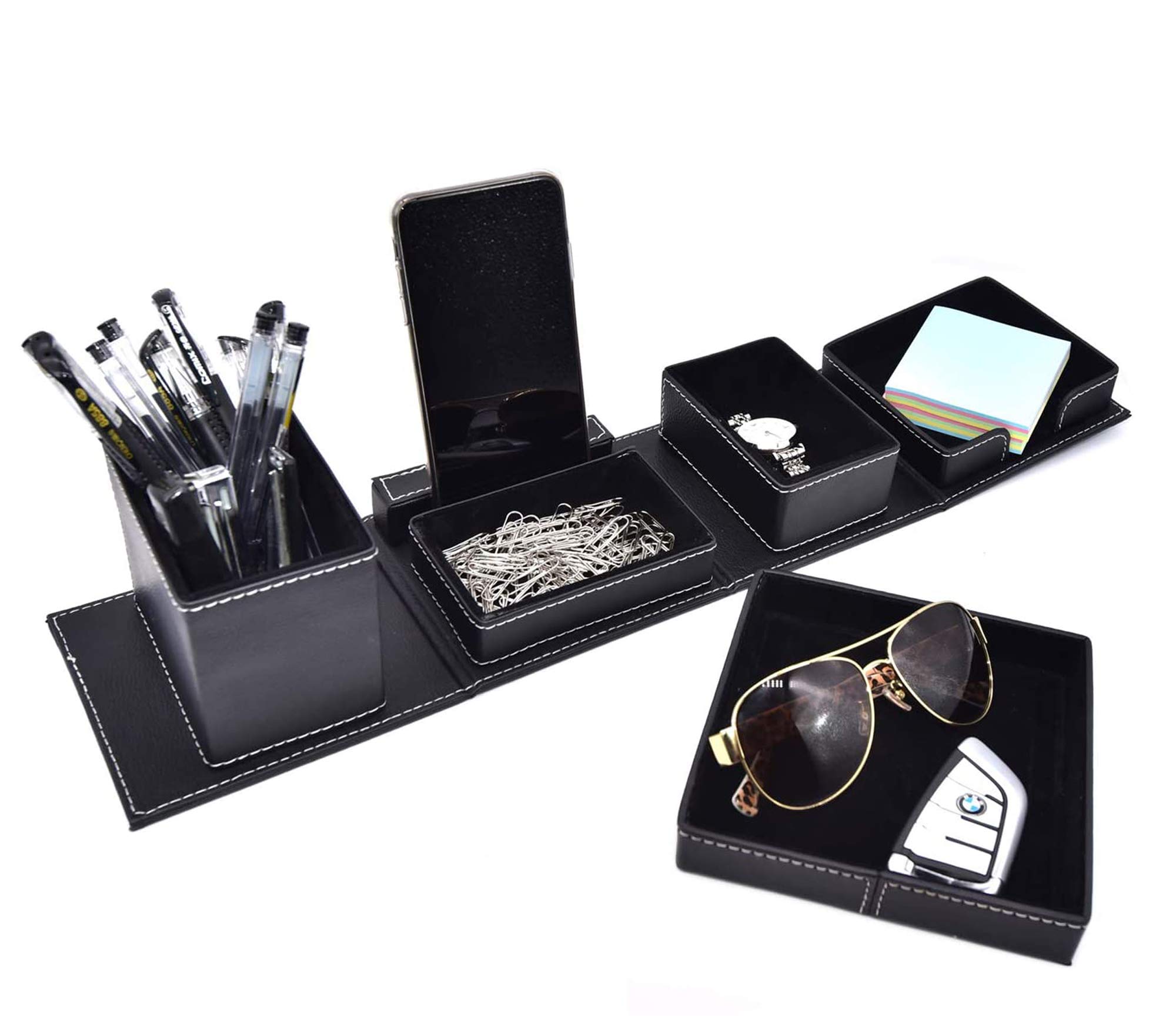 Leather Desk Organizer for Office Supplies & Stationery - Business Cards, Pens, Phones - Black
