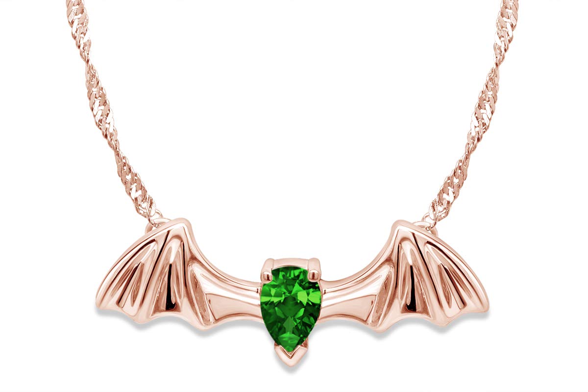 925 Sterling Silver Pear Shape Simulated CZ Flying Bat Pendant Necklace - Gothic Jewelry for Halloween, Cosplay & Vampire Themed Outfits