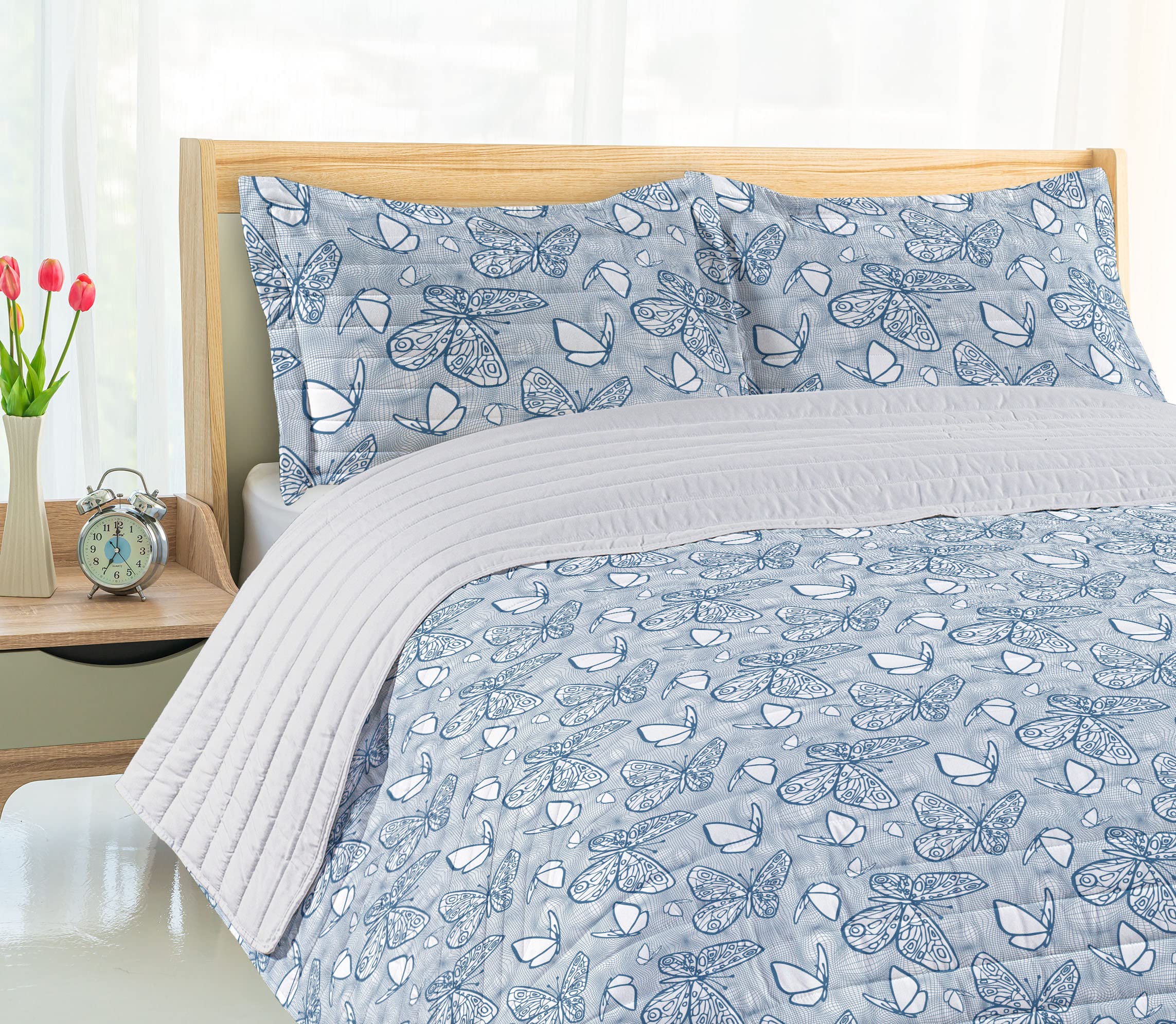 Ambesonne Blue and White Microfiber Bedspread Set - Abstract Butterfly Design on Net Background | Soft Queen Size Bedding with Pillow Shams & Comforter | Perfect for Modern Bedrooms, Guest Rooms & Dorm Decor
