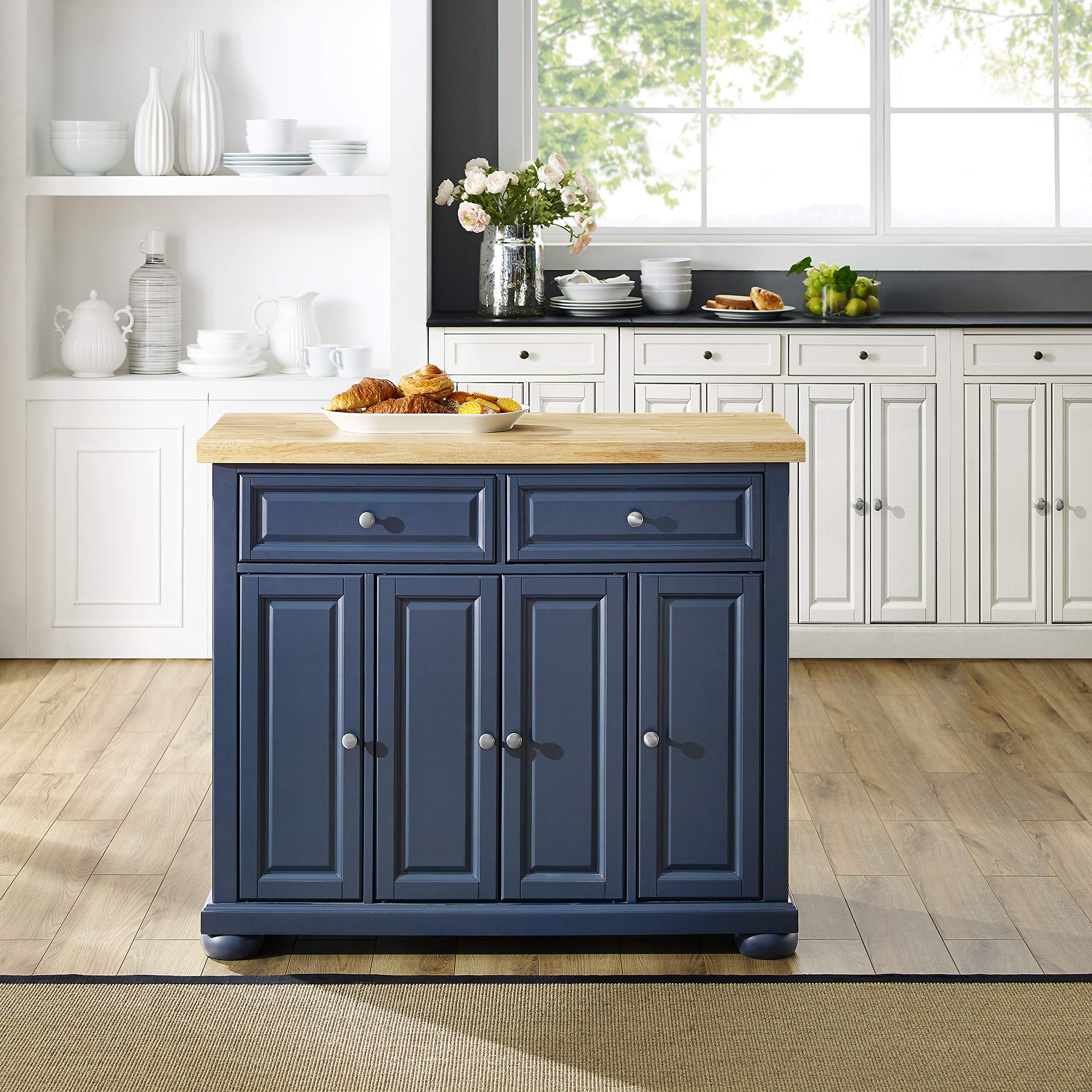 Crosley Furniture Madison Kitchen Island with Storage Shelves & Drawers - Microwave Stand, Coffee Bar Organizer - Navy Blue for Modern Farmhouse & Small Kitchen Spaces