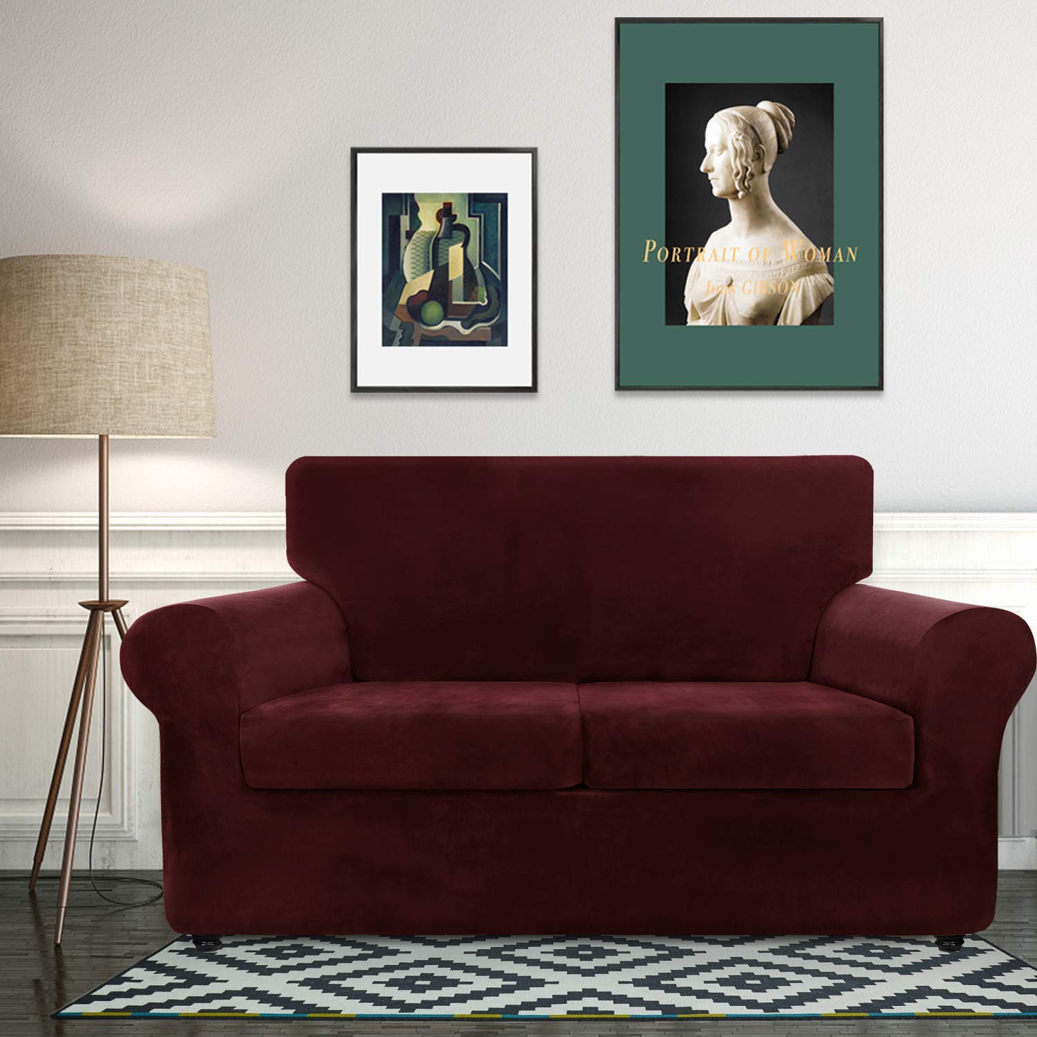 Luxury Velvet Plush 3-Piece Stretch Sofa Slipcover Set - Super Soft Anti-Slip Spandex Couch Cover for 2-Cushion Loveseat - Wine Red Furniture Protector for Living Room, Perfect for Pets & Home Decor