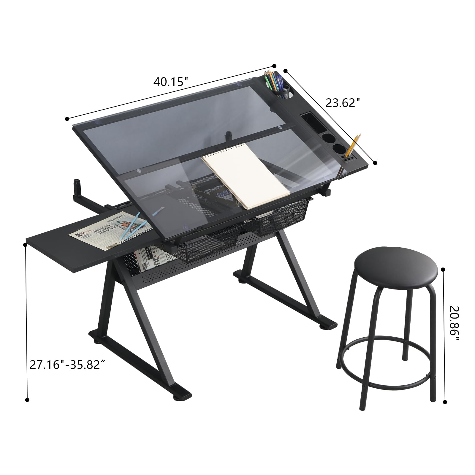 Adjustable Drafting Table with Stool - Tilting Tempered Glass Top Art Desk for Painting & Crafting, 2 Storage Drawers, Height Adjustable (Black) - Perfect for Artists, Architects & DIY Projects in Home Studio or Office