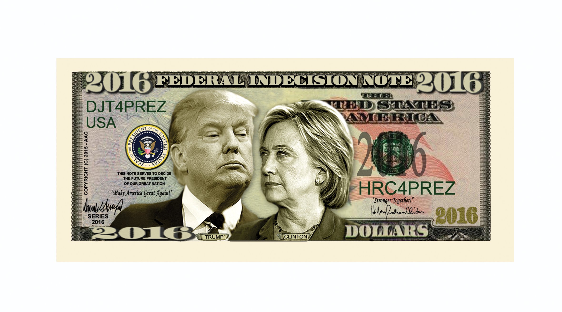 Donald Trump vs Hillary Clinton 2016 Election Novelty Dollar Bill - Collectible Political Memorabilia - Funny Gift for Democrats & Republicans - Perfect for Political Debates, Office Decor & Election Parties