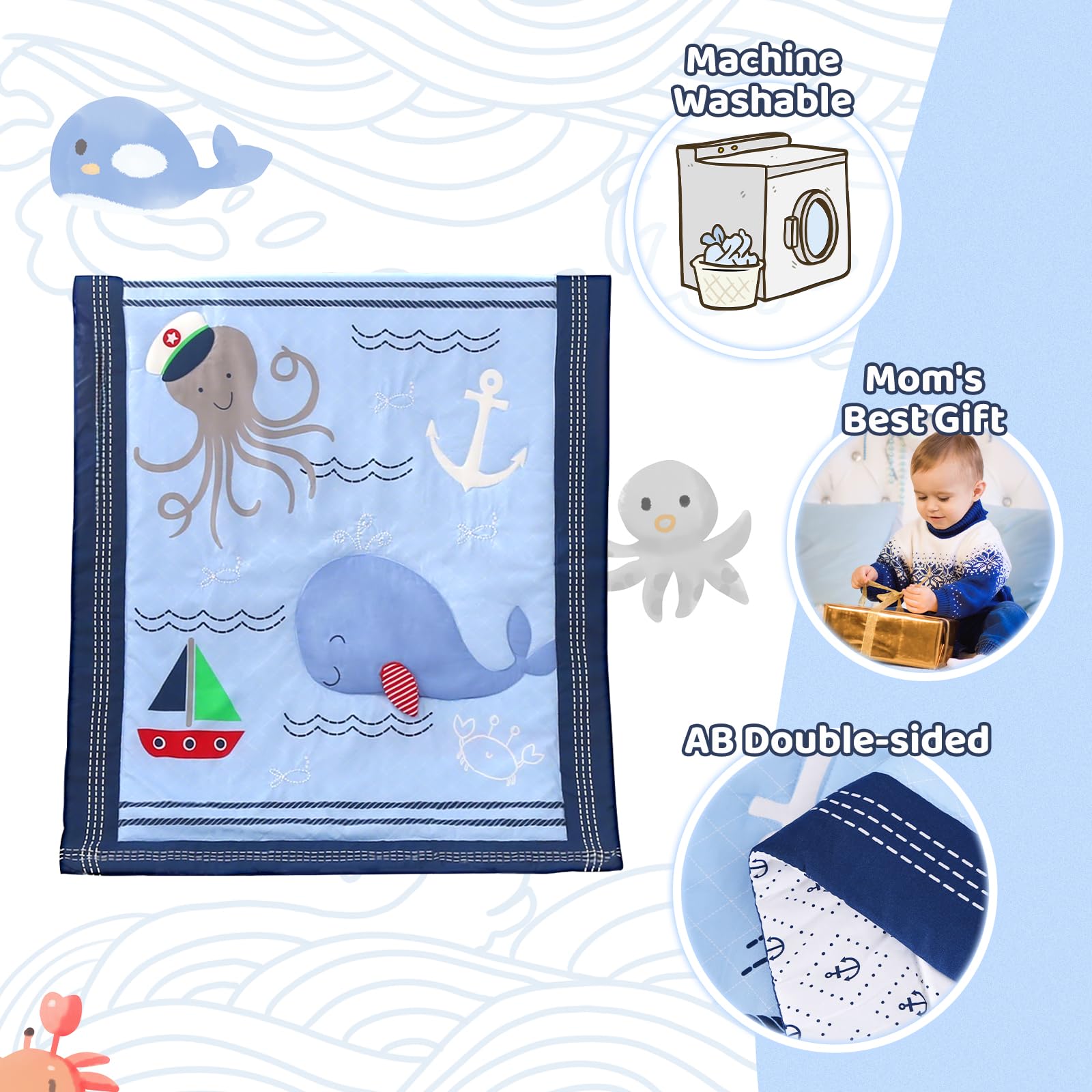 Wowelife 3-Piece Nautical Whale Crib Bedding Set - Ocean Theme Nursery Comforter, Fitted Sheet & Skirt | Soft Baby Boy Girl Bed Set for Coastal Nursery Decor