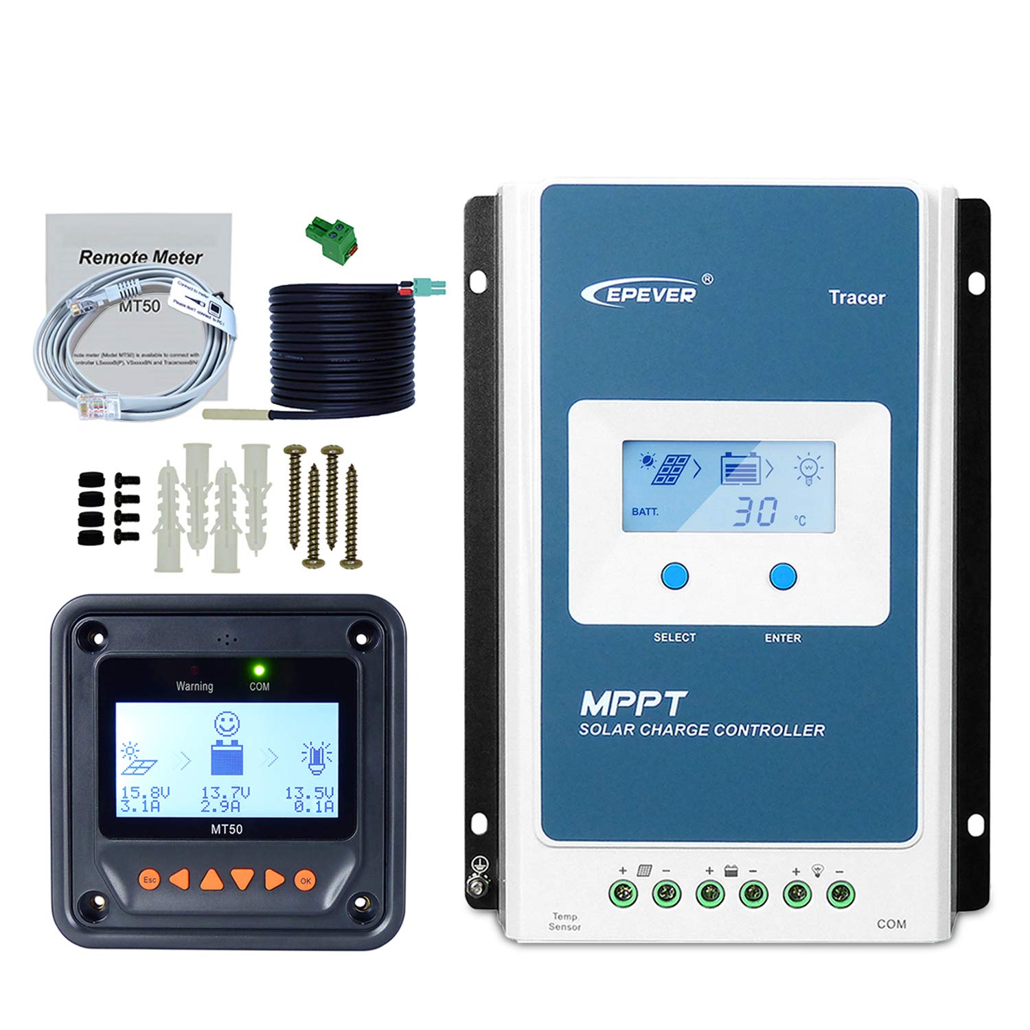 EPEVER 40A MPPT Solar Charge Controller - 12V/24V Auto, 100V Max Input for 520W/1040W Solar Panels - Compatible with Gel, Sealed, Flooded, AGM & Lithium Batteries - Negative Grounded (40A+MT50+RTS) - Perfect for Off-Grid Solar Systems, RVs, Boats & Home Energy Storage
