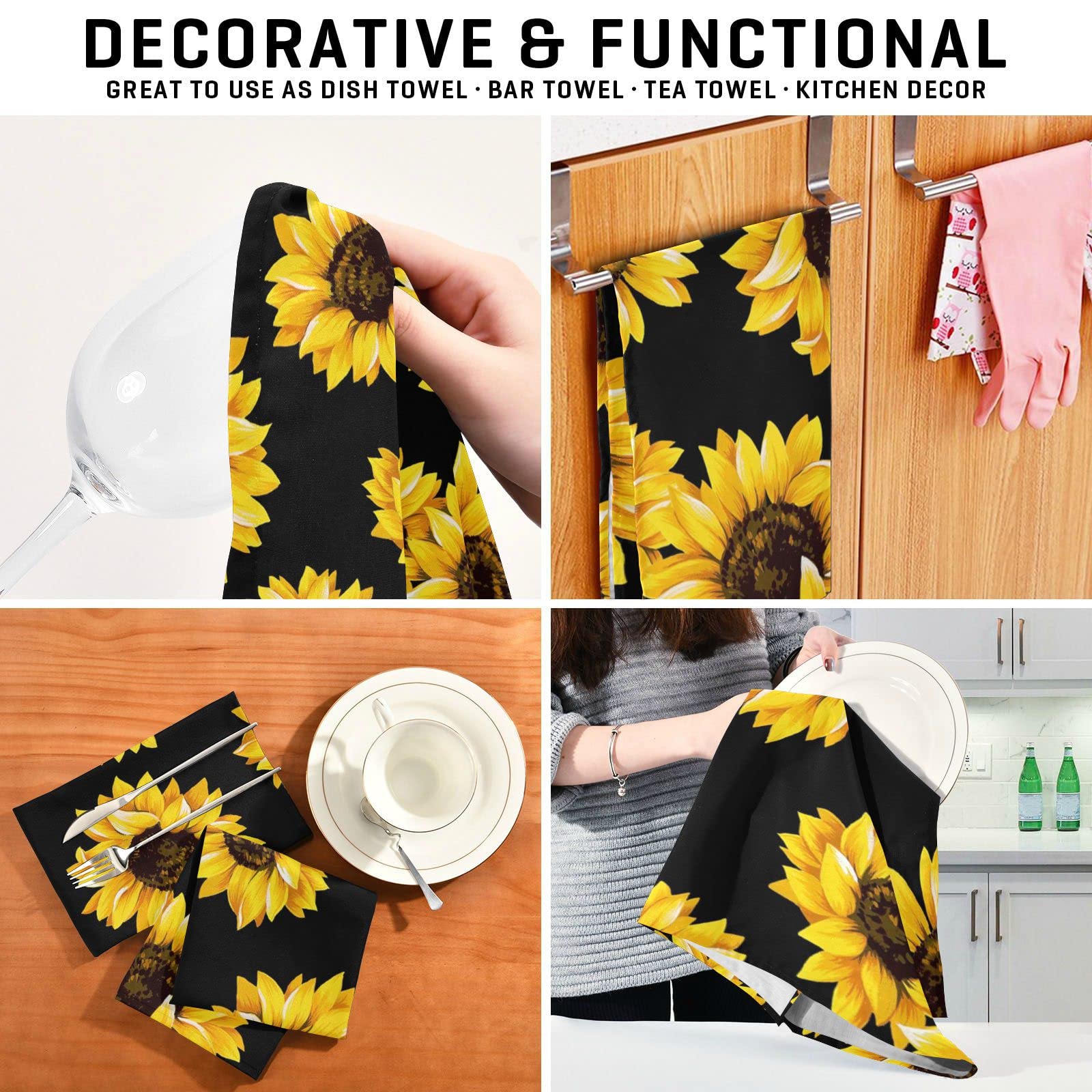 4PCS Sunflower Floral Microfiber Kitchen Dish Towels - Super Soft, Quick Drying, Absorbent (28x18in) - Perfect for Dishes, Hands, Countertops & Home Decor