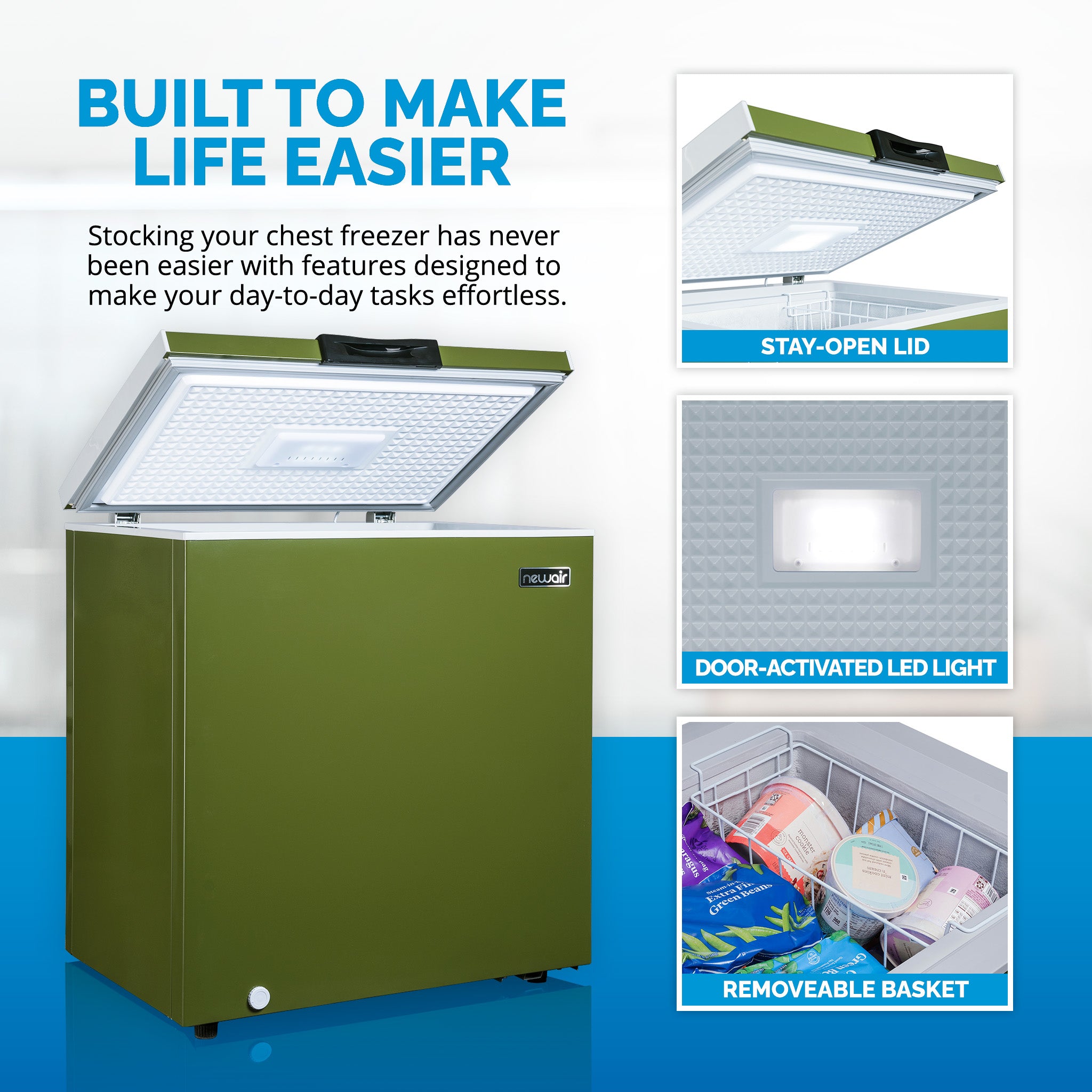 Newair® 5 Cu. Ft. Mini Deep Chest Freezer in Military Green - Compact Freezer for Home, Garage, or Basement Storage of Meat, Seafood, and Frozen Foods