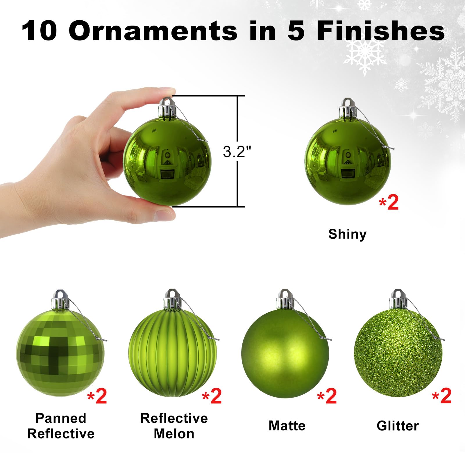3.2 Inch Lime Green Shatterproof Christmas Ornaments - Set of 10 Large Hanging Balls for Tree Decorations, Holiday Party, Birthday & Wedding Decor - Perfect for Christmas, Halloween, Festive Home & Office Decoration