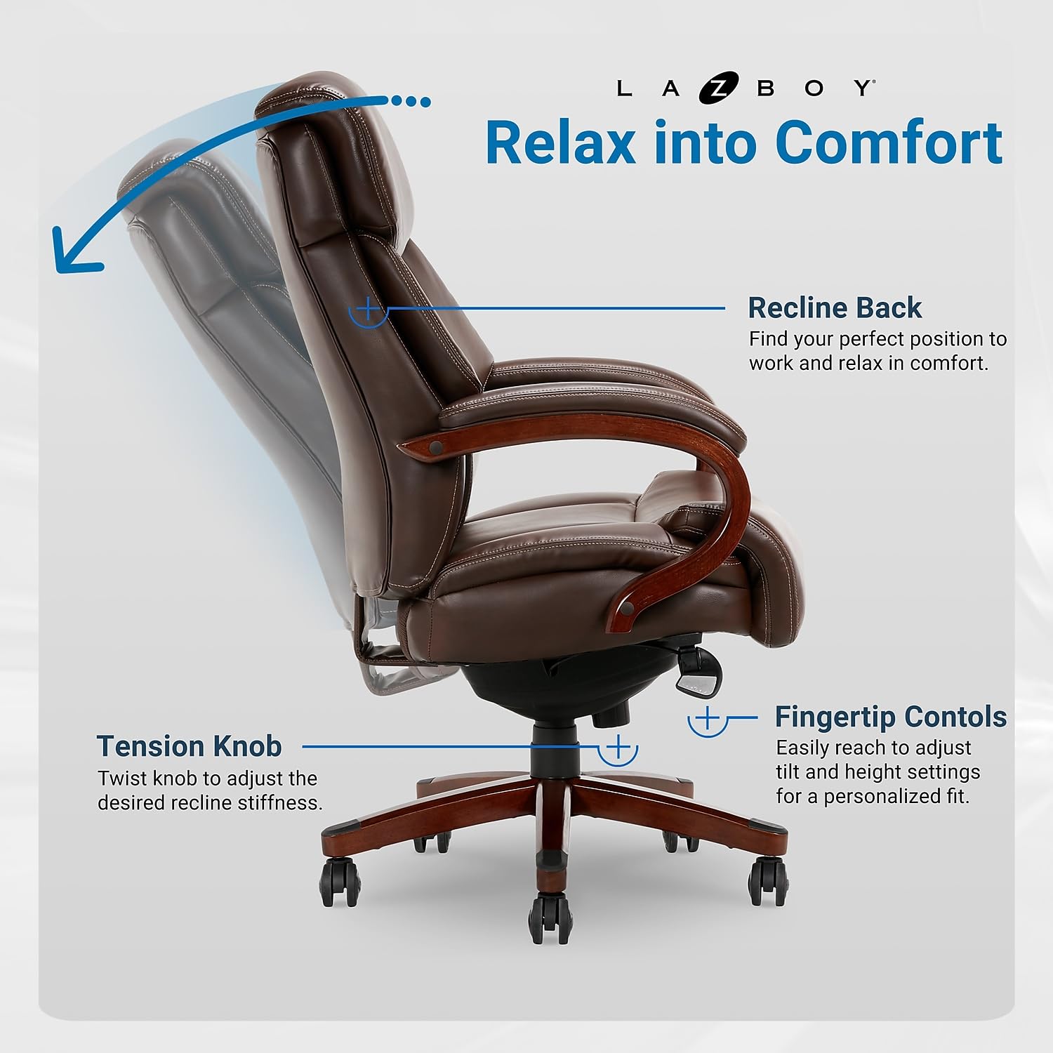 La-Z-Boy 1104593 Bradley Bonded Leather Executive Office Chair - Ergonomic High Back Swivel Chair with Adjustable Height for Home & Business Workspaces