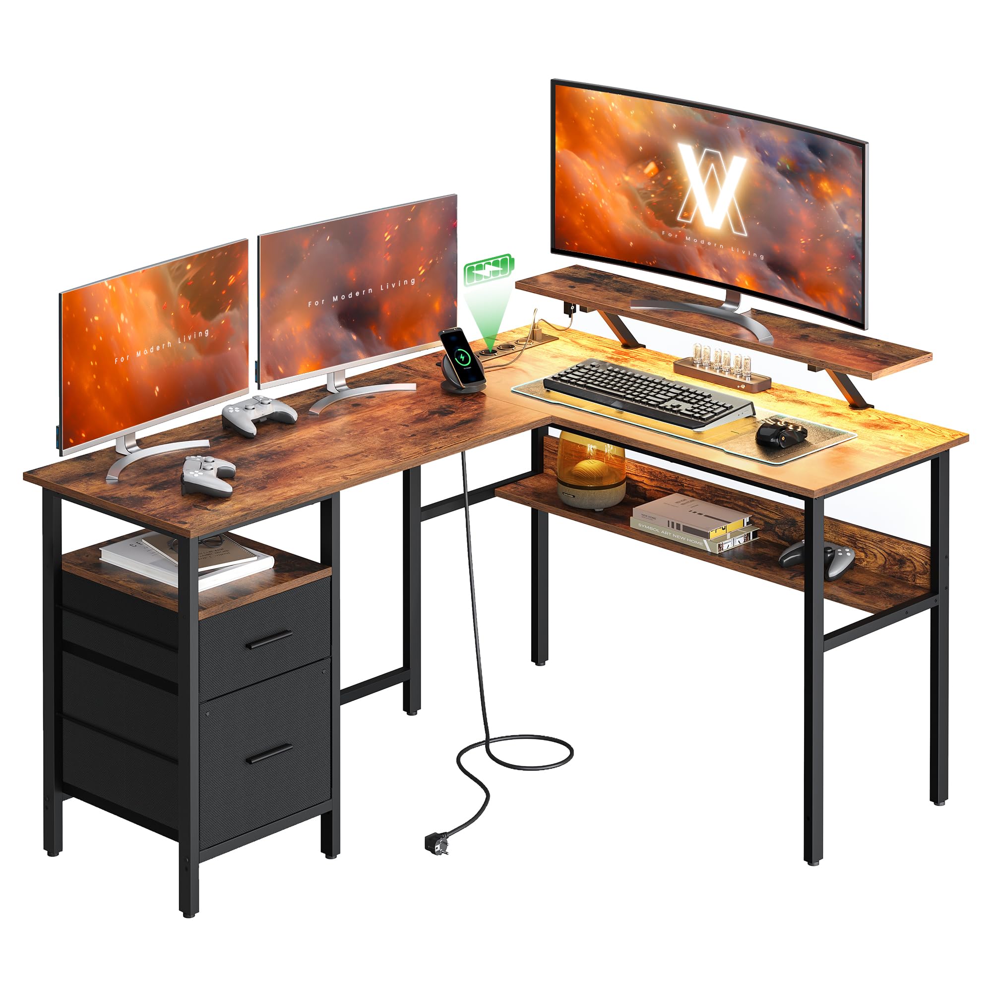 VASAGLE Vintage Brown L-Shaped Computer Desk with Power Outlets, USB Ports, LED Lights, 2 Drawers & Monitor Stand - Corner Gaming Desk for Home Office & Study Room