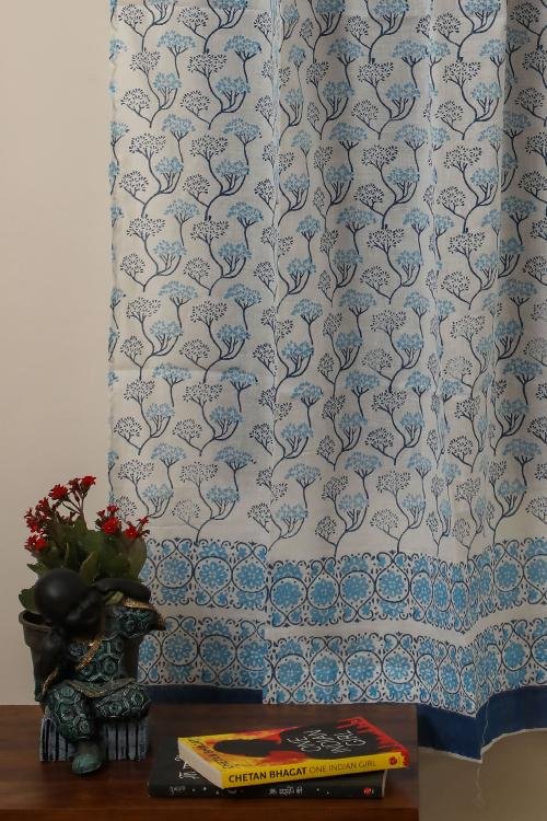 Blooming Sky Handblock Printed Voile Cotton Curtains - Lightweight Sheer Window Drapes for Living Room & Bedroom Decor