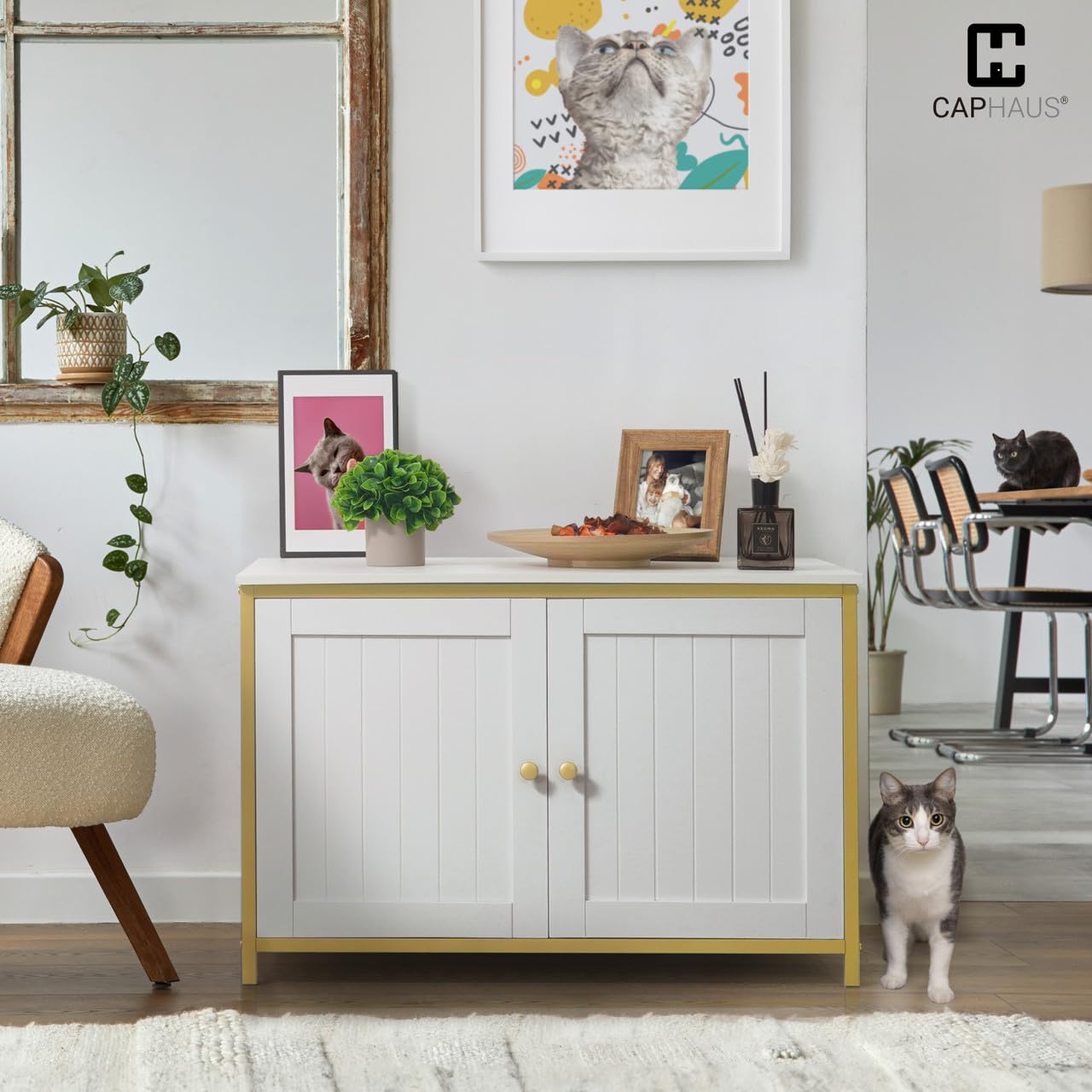 CAPHAUS White Wooden Cat Litter Box Furniture with Divider - Hidden Flip-Top Enclosed Washroom for Large Cats - Indoor Cat House with Double Doors & Metal Frame - Perfect for Small Spaces & Home Decor