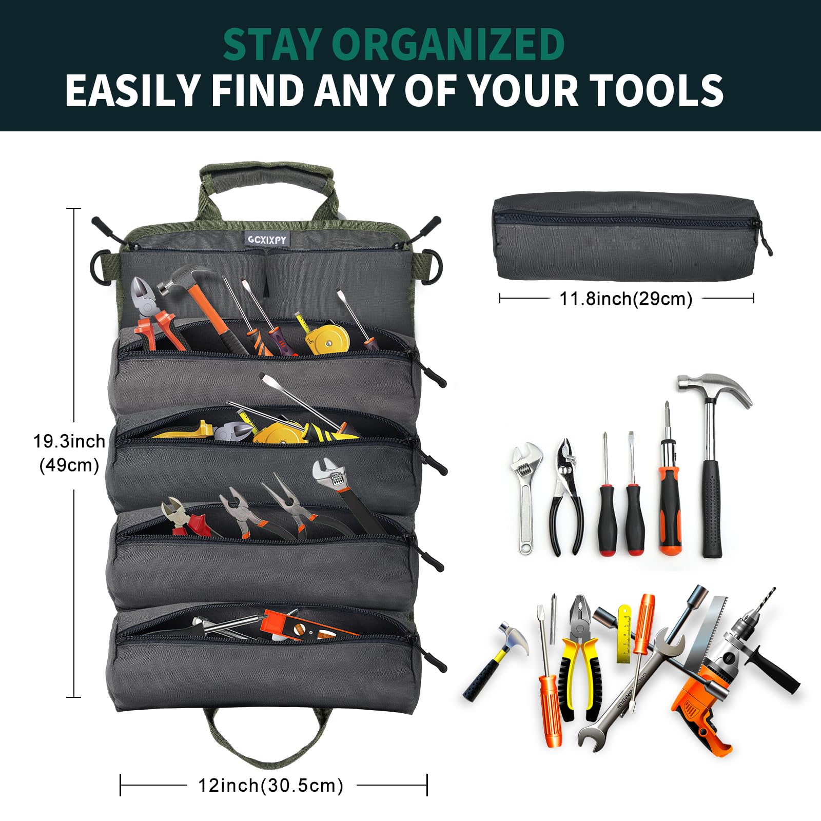 Heavy Duty Roll Up Tool Bag Organizer with Detachable Pouches - Adjustable Shoulder Strap Tool Roll Pouch for Mechanics, Electricians, Motorcycle & Truck Repair - Perfect for Workshop, Garage & On-the-Go Tool Storage