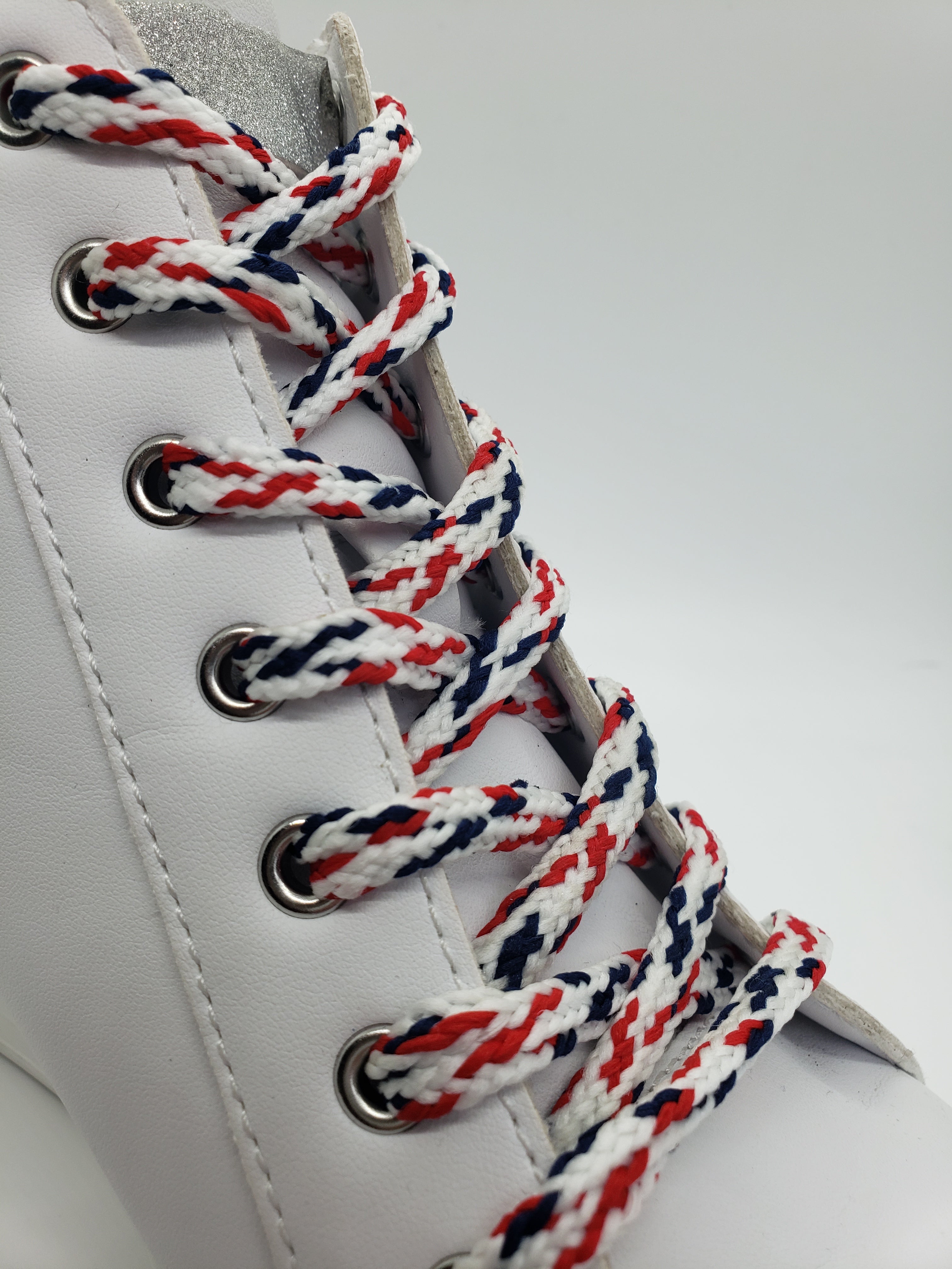 Glow in The Dark Shoelaces - Hybrid Multicolor Reflective Laces for Sneakers & Running Shoes (White with Navy & Red Accents) - Perfect for Night Jogging, Safety & Fashion