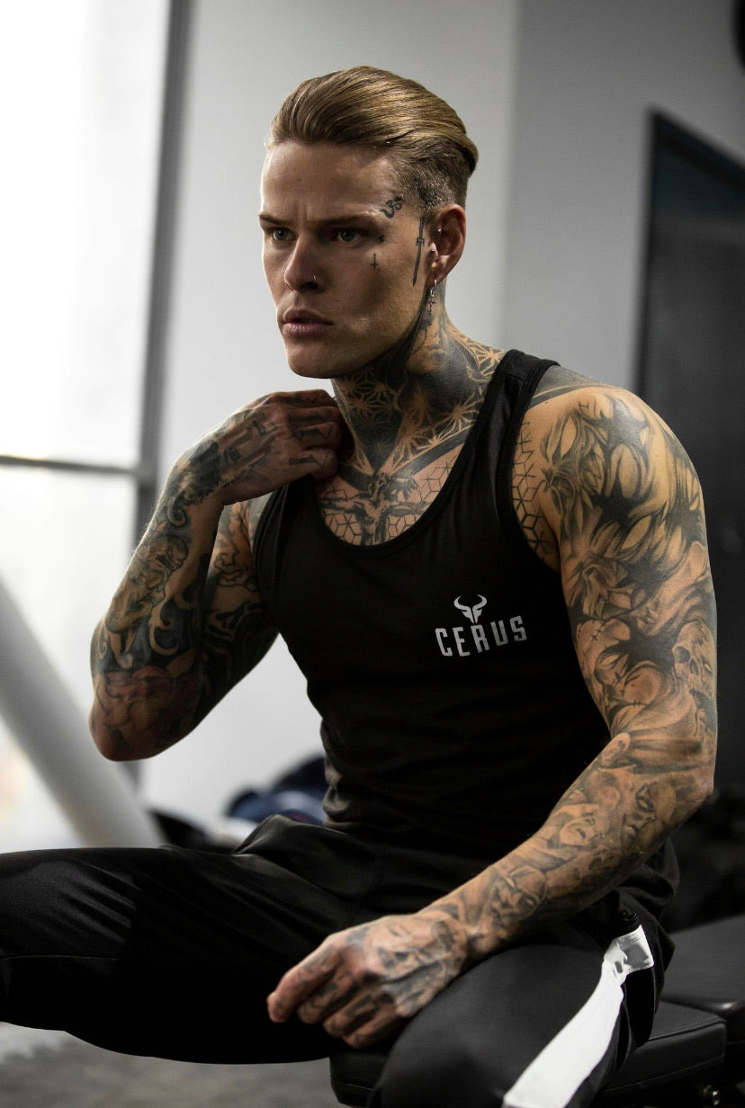 Cerus Black Stringer Vest with White Small Print Logo - Stylish & Comfortable for Gym, Workout & Casual Wear
