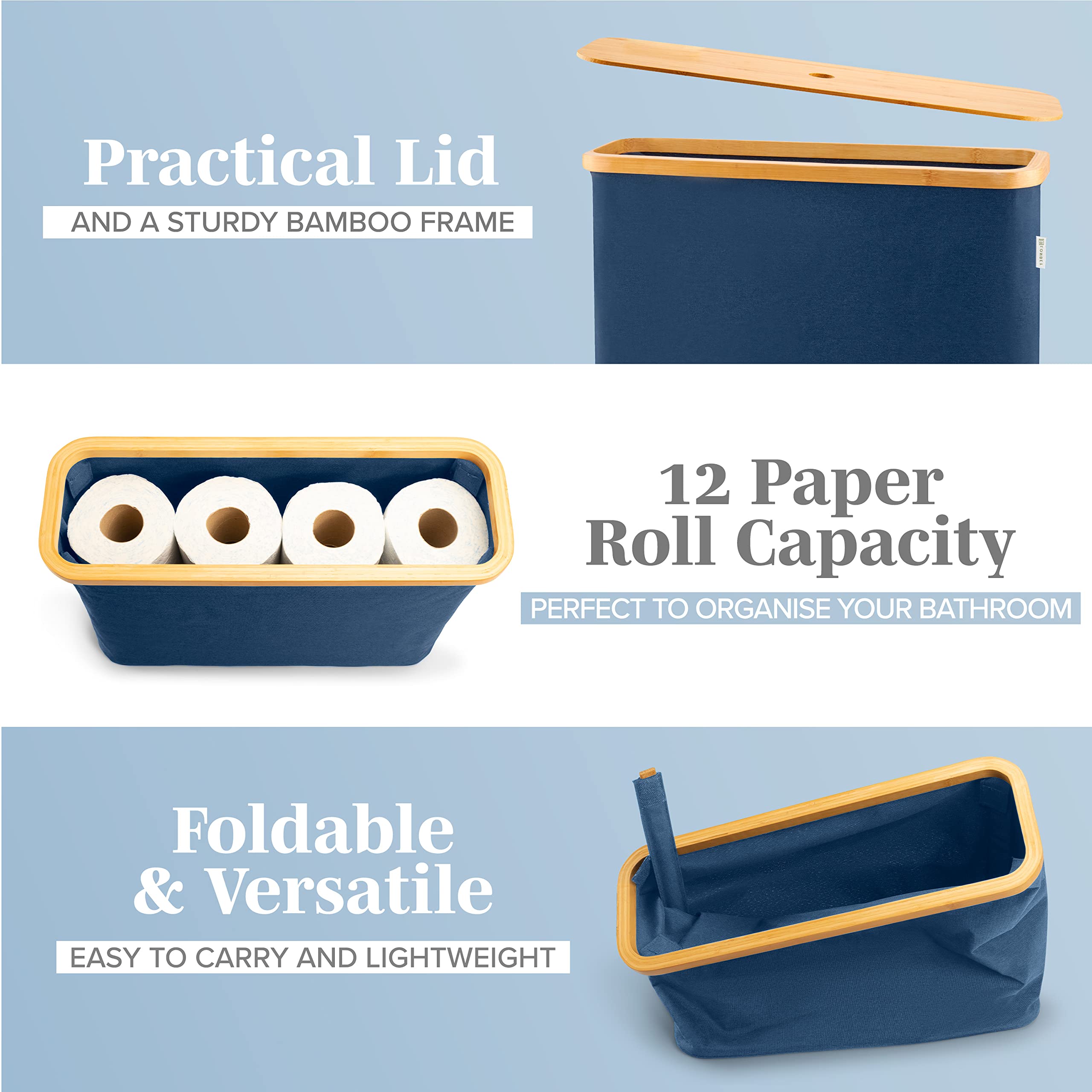 Lonbet Bamboo Toilet Paper Storage Basket - Bathroom Organizer with Holder for Toilet Rolls - Natural Eco-Friendly Bath Accessories for Home, Apartment & Office Use