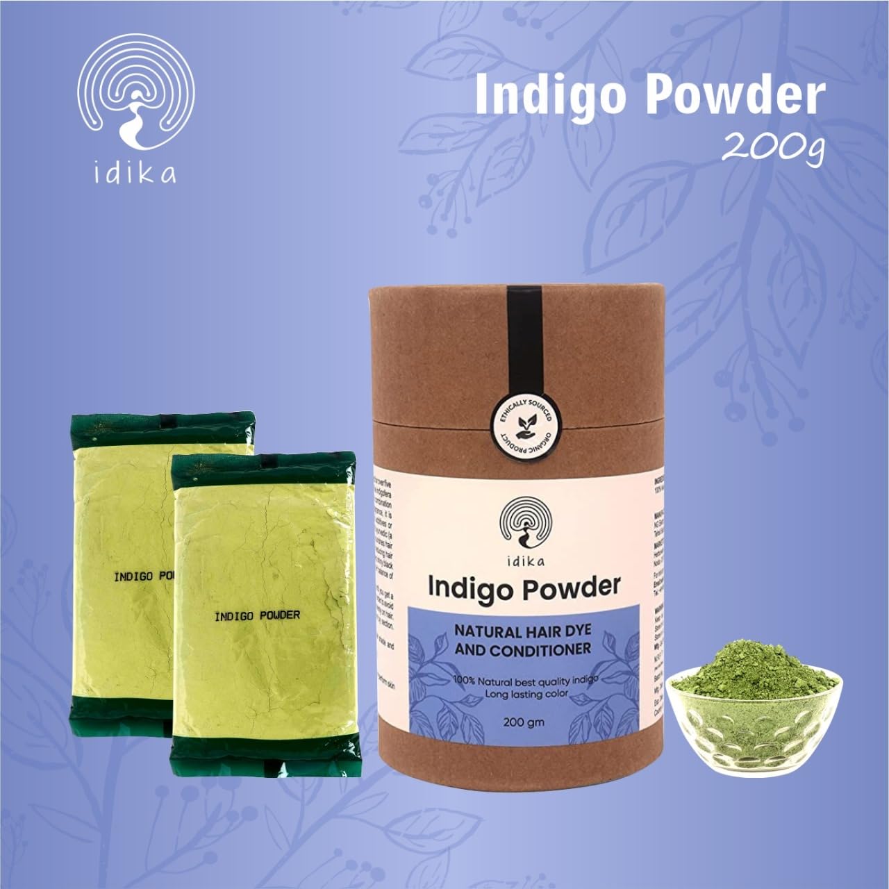 Idika Natural Indigo Powder for Hair - 100% Organic & Chemical-Free Grey Hair Dye, Safe Hair Coloring for Men & Women, Protects & Strengthens Hair, 200g - Perfect for Home Hair Care & Natural Beauty Routines